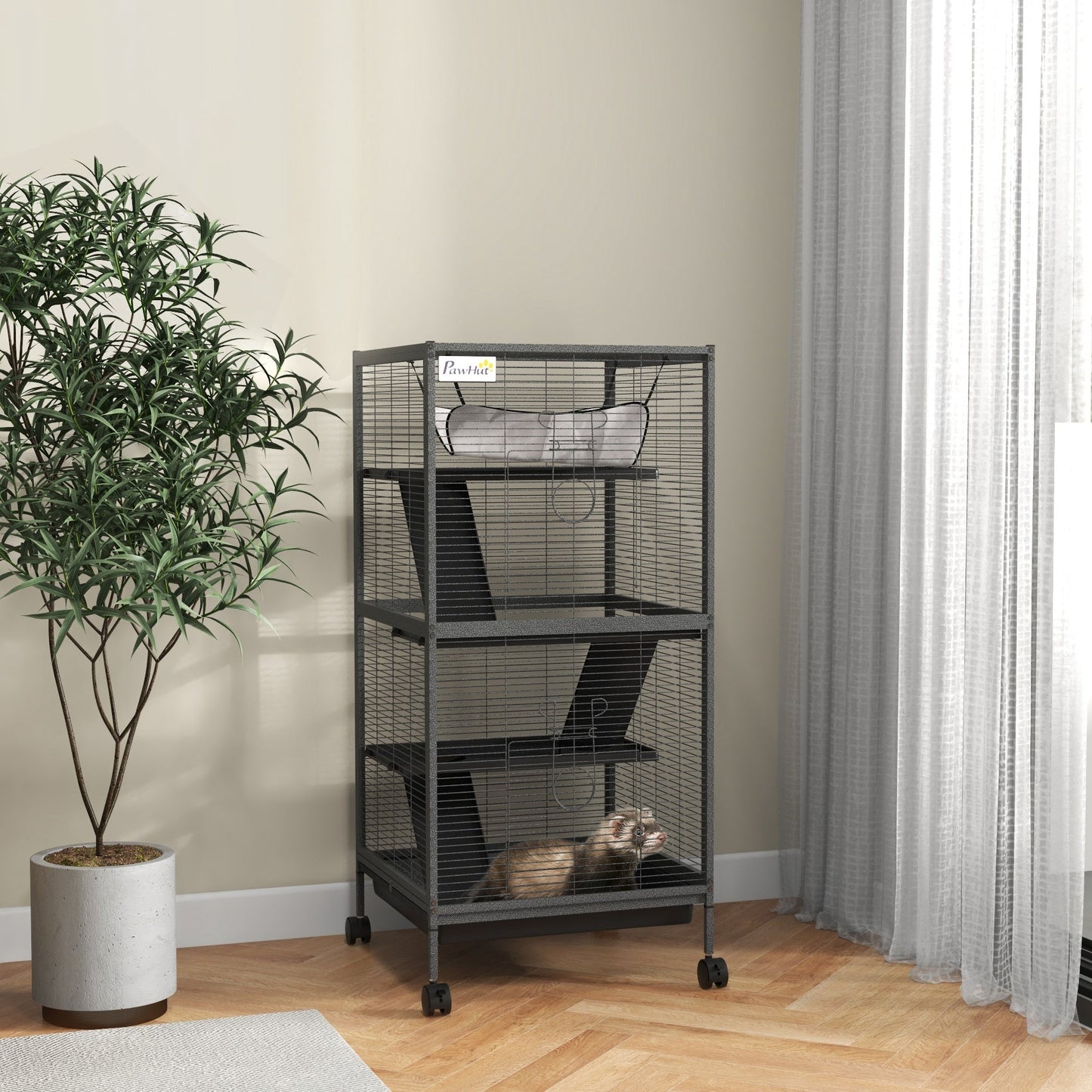 4-Tier Rolling Small Animal Cage, Deluxe Guinea Pig Cage, Ferret Cage for Mink Chinchilla Kitten Rabbit, Small Pet Play House with Hammock Platform, Ramp, Removable Tray, Charcoal Grey