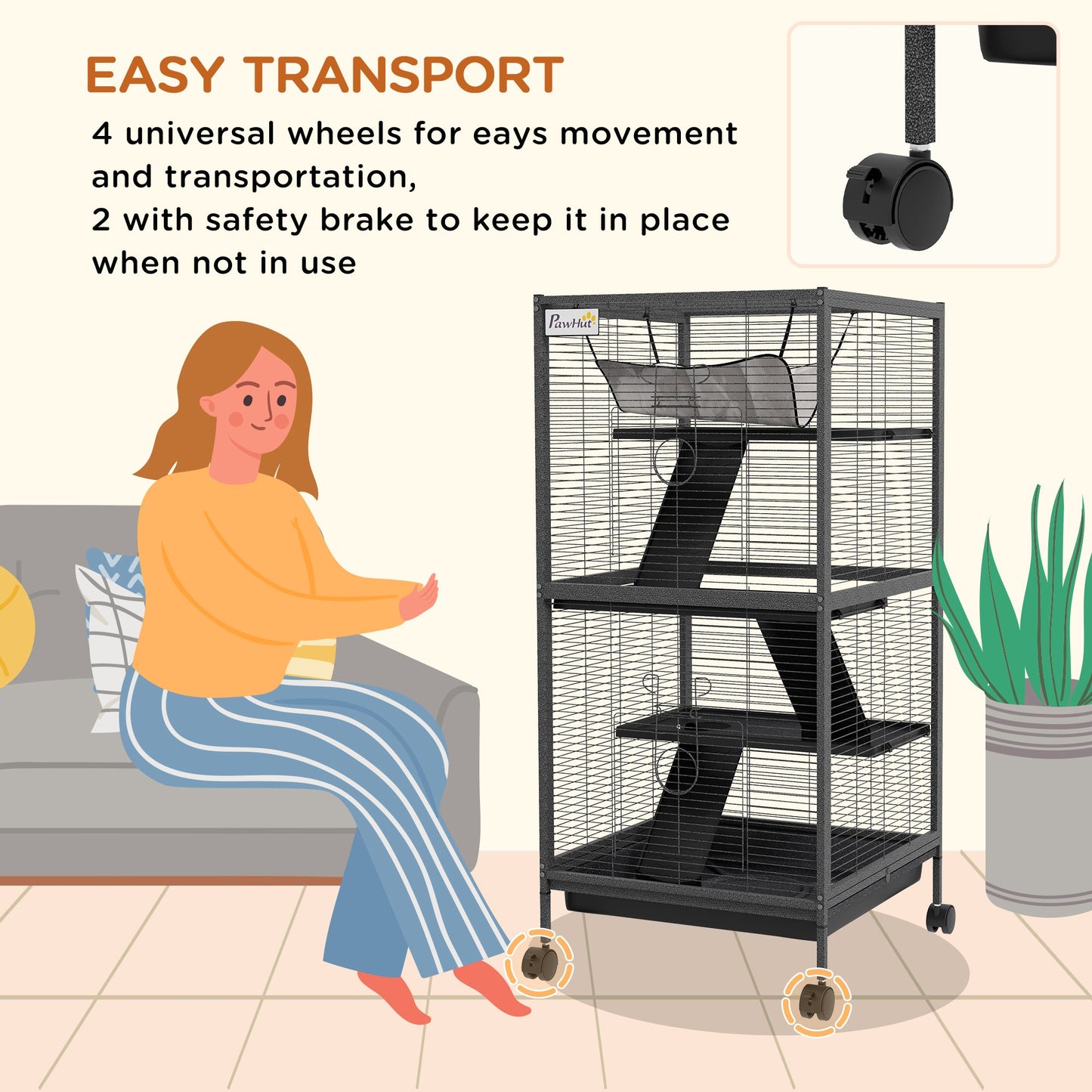 4-Tier Rolling Small Animal Cage, Deluxe Guinea Pig Cage, Ferret Cage for Mink Chinchilla Kitten Rabbit, Small Pet Play House with Hammock Platform, Ramp, Removable Tray, Charcoal Grey