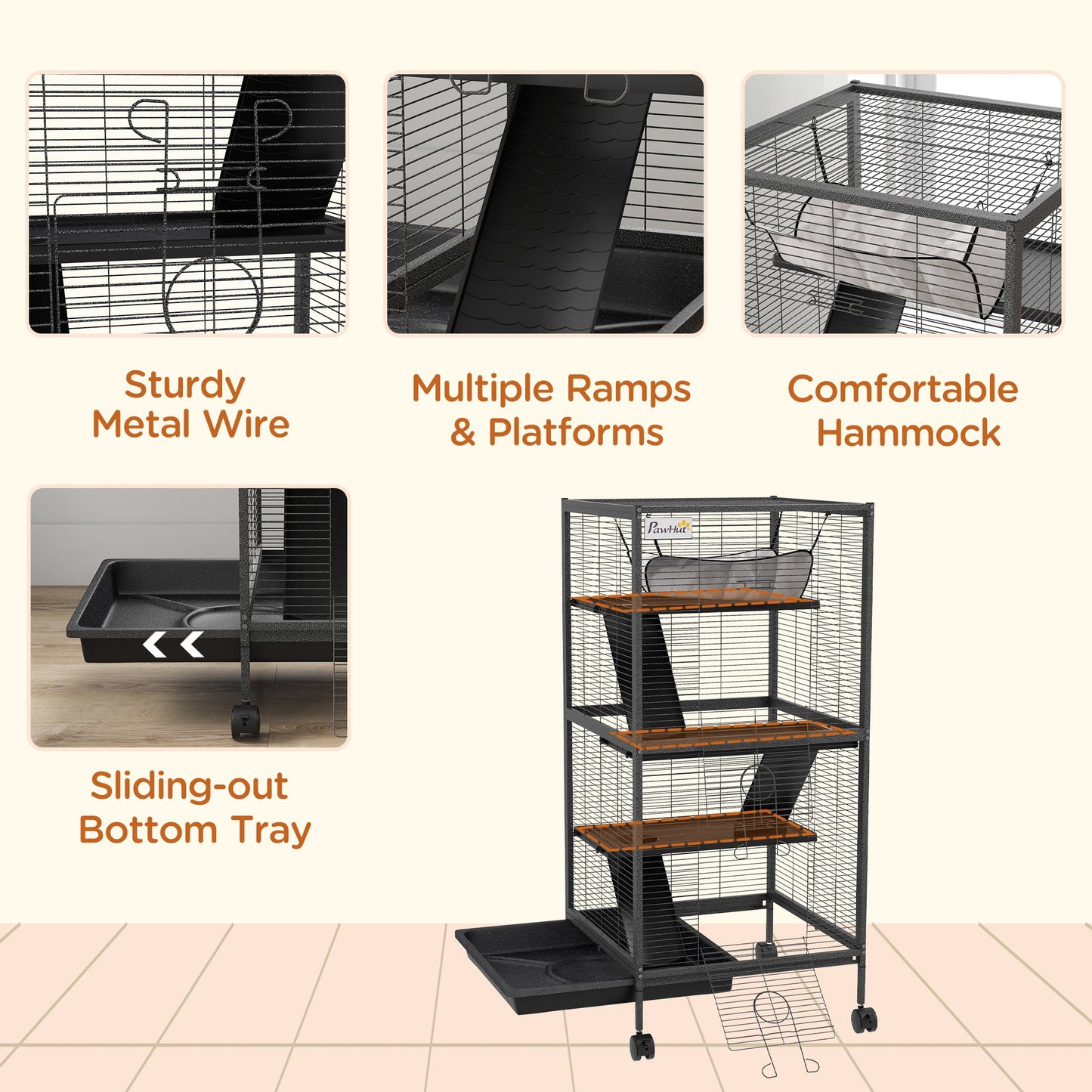 4-Tier Rolling Small Animal Cage, Deluxe Guinea Pig Cage, Ferret Cage for Mink Chinchilla Kitten Rabbit, Small Pet Play House with Hammock Platform, Ramp, Removable Tray, Charcoal Grey