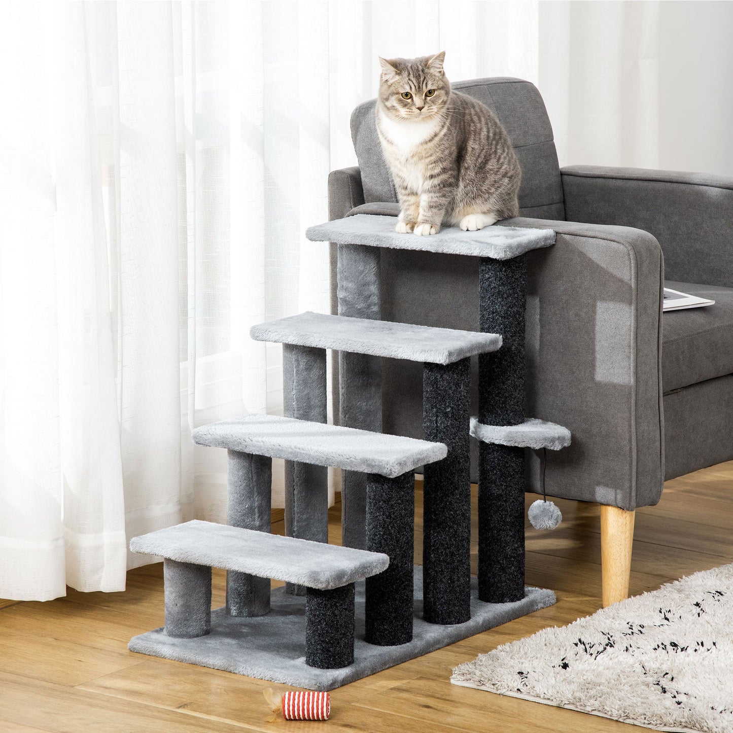 Cat Stairs 4 Steps for Bed, Couch with Scratching Posts, Small Cat Tree for Indoor Cats with Toy Ball, 23.5" x 16" x 25", Light Grey