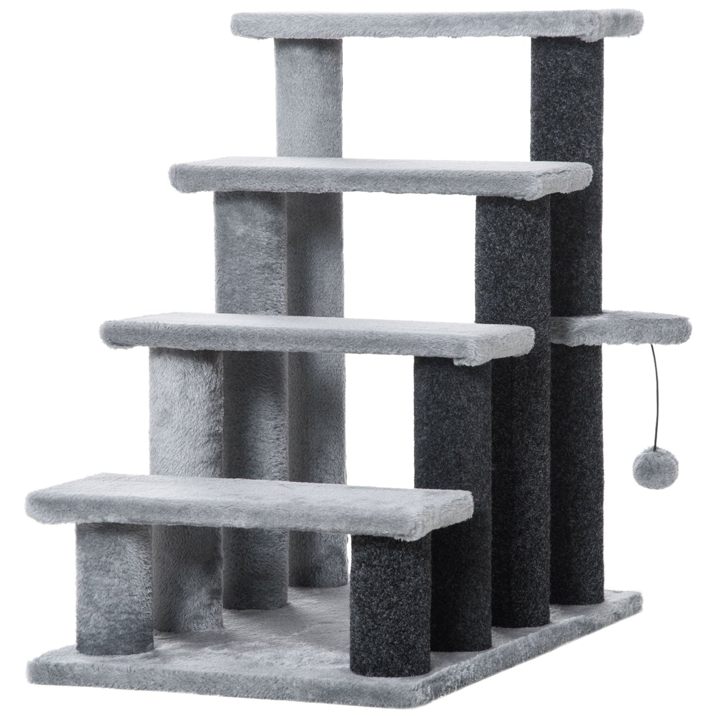 Cat Stairs 4 Steps for Bed, Couch with Scratching Posts, Small Cat Tree for Indoor Cats with Toy Ball, 23.5" x 16" x 25", Light Grey
