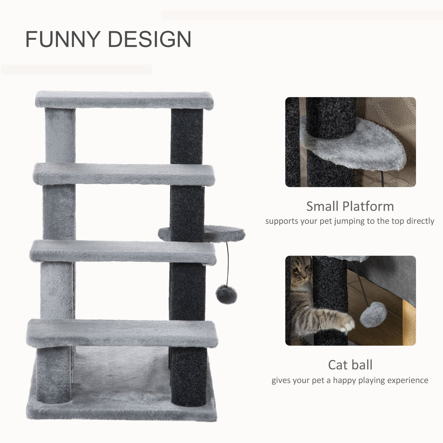 Cat Stairs 4 Steps for Bed, Couch with Scratching Posts, Small Cat Tree for Indoor Cats with Toy Ball, 23.5" x 16" x 25", Light Grey