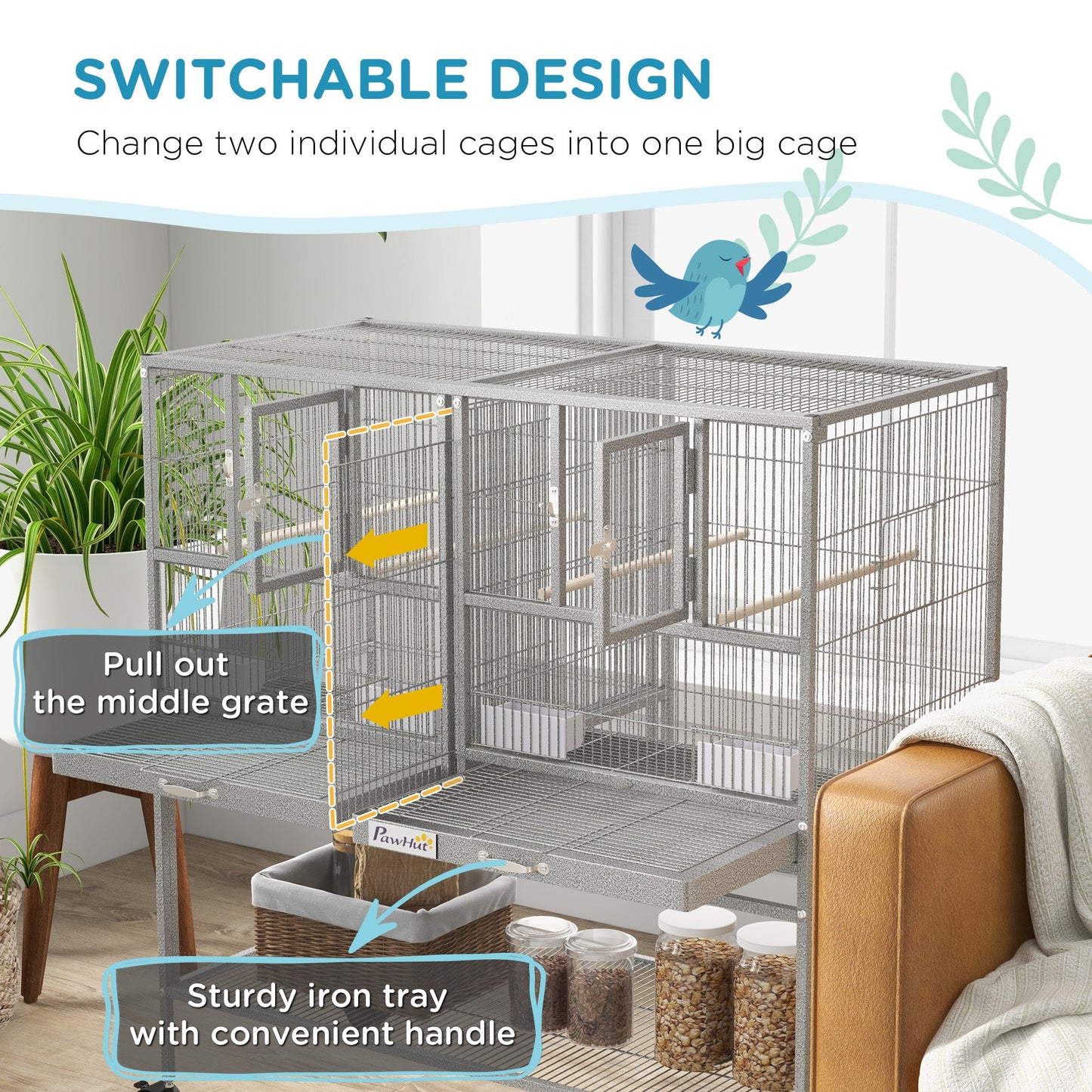 40"H Divided Breeder Bird Cage with Rolling Stand Removable Metal Tray, Storage Shelf, Wood Perch, and Food Container, Light Grey