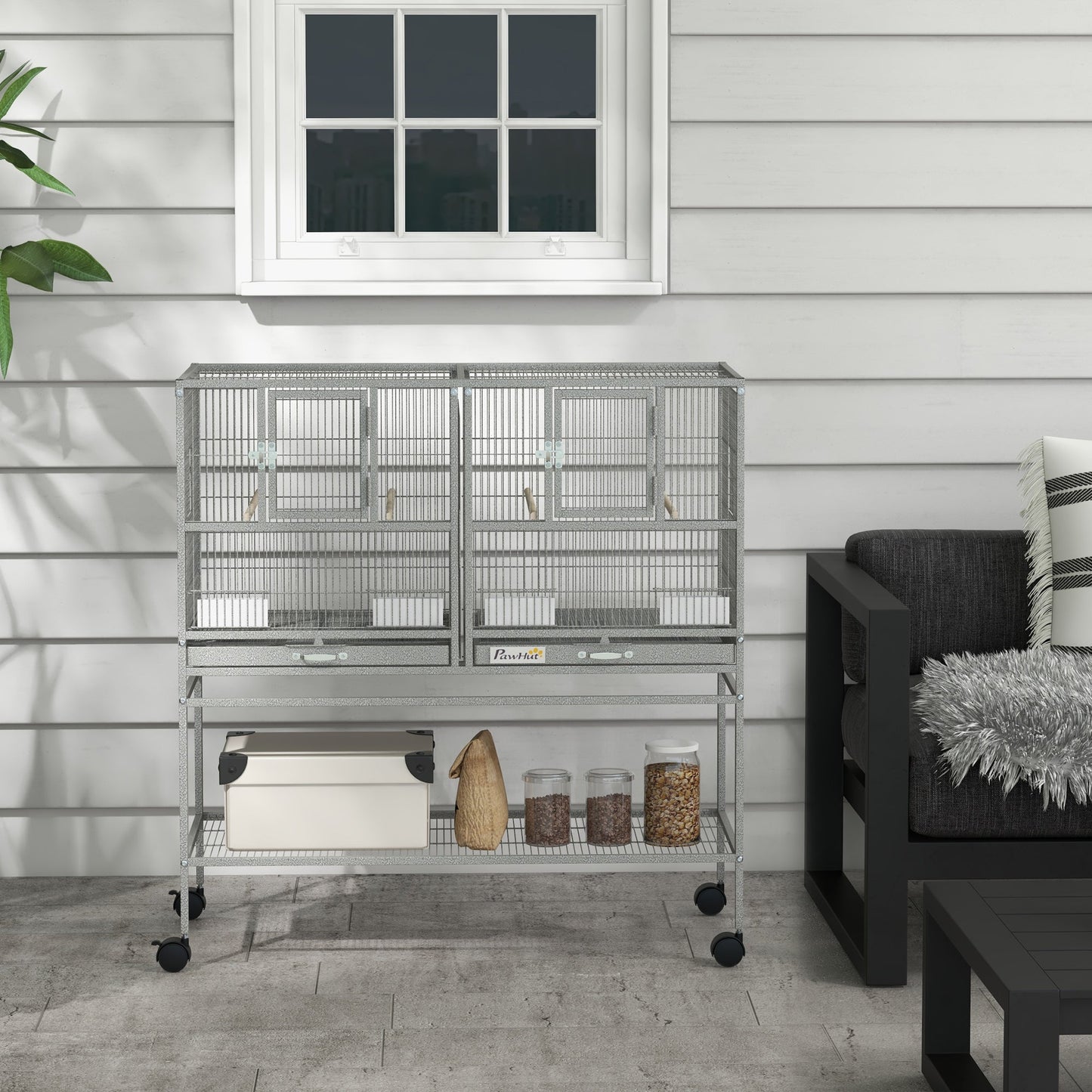 40"H Divided Breeder Bird Cage with Rolling Stand Removable Metal Tray, Storage Shelf, Wood Perch, and Food Container, Light Grey