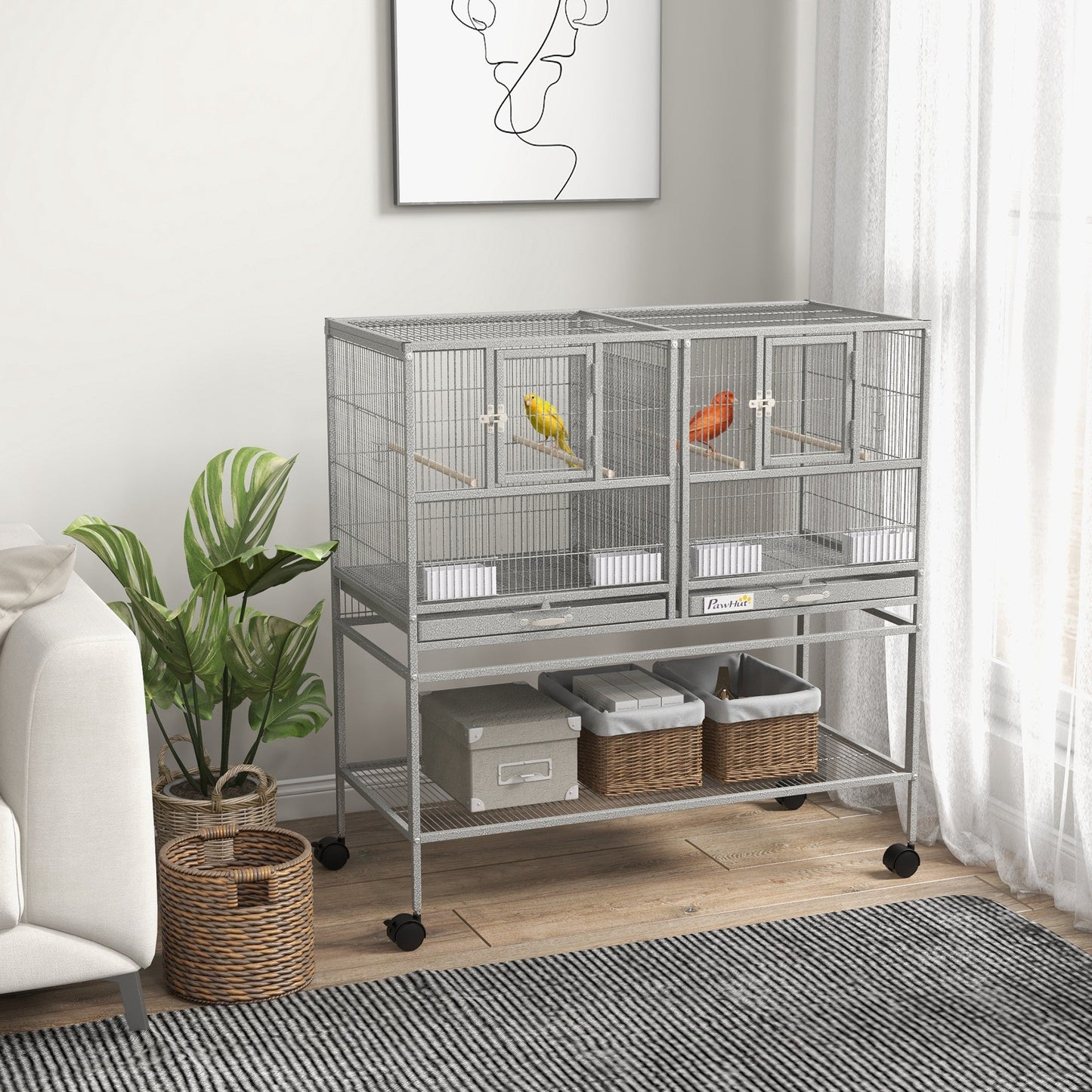40"H Divided Breeder Bird Cage with Rolling Stand Removable Metal Tray, Storage Shelf, Wood Perch, and Food Container, Light Grey