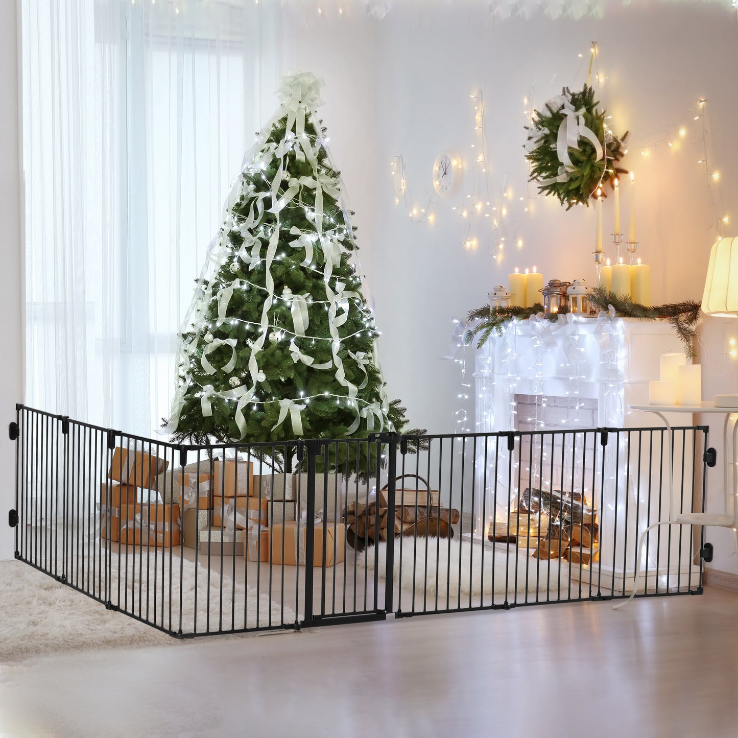 Dog Playpen DIY Adjustable, Puppy Play Pen Dog Fences Indoor with Automatically Close Lock, Pet Door for Doorway Stair, Fireplace Christmas Tree Barrier, 8-Panel, 30''H