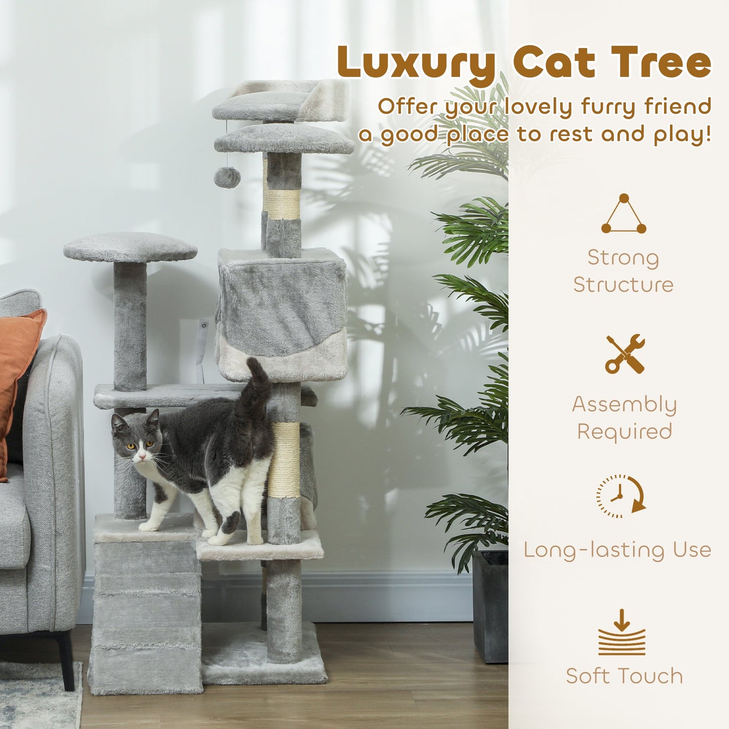 53" Cat Tree Tower, Large Cat Condo Furniture Multi-Level Activity Center with Scratching Posts, Perches, Ramp, Dangling Balls - Grey