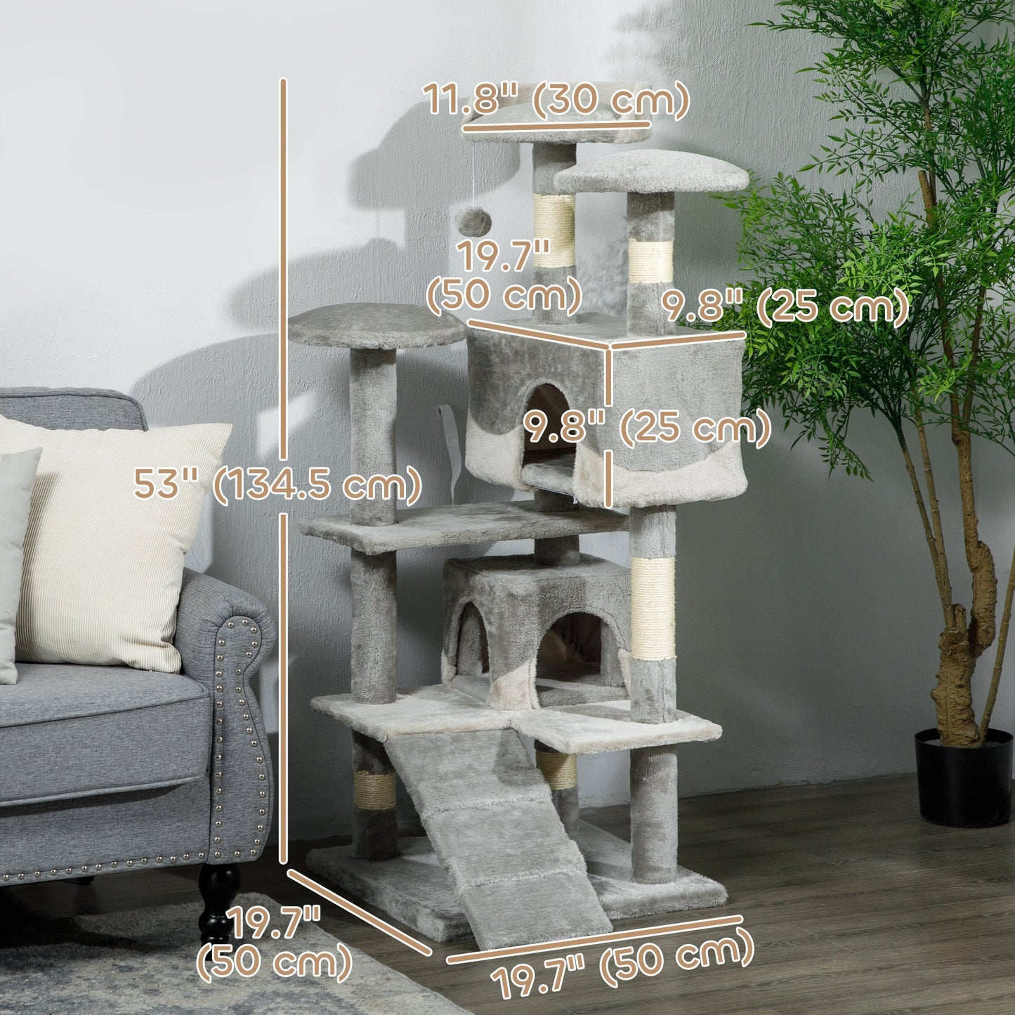 53" Cat Tree Tower, Large Cat Condo Furniture Multi-Level Activity Center with Scratching Posts, Perches, Ramp, Dangling Balls - Grey