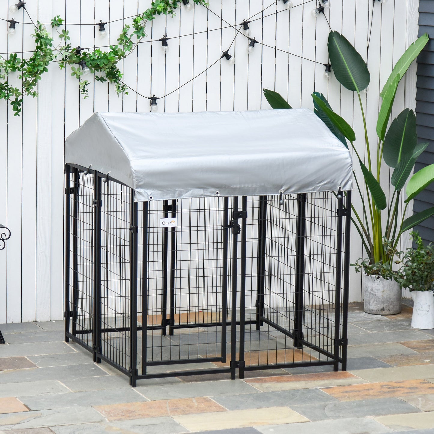 4' x 4' x 4.5' Large Outdoor Dog Kennel Run Steel Fence with UV-Resistant Oxford Cloth Roof & Secure Lock