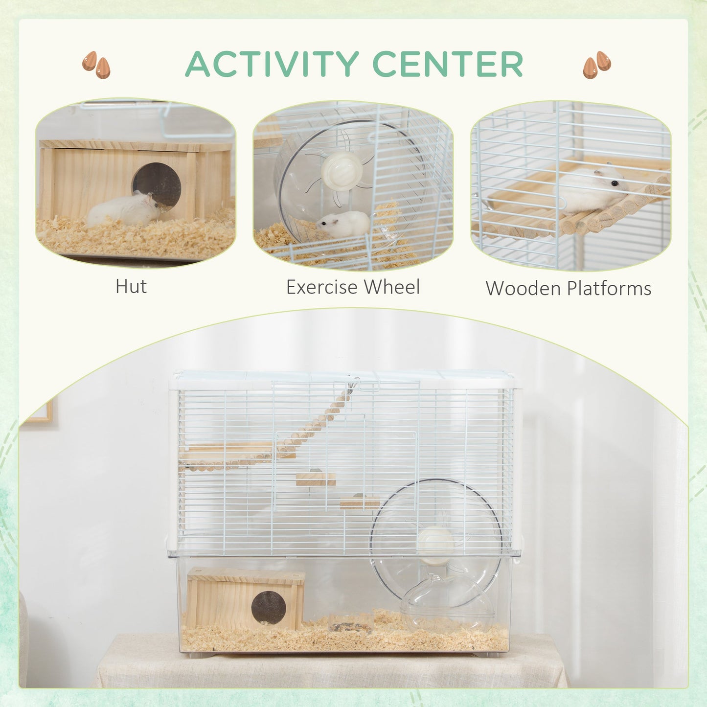 Hamster Cage, Transparent Small Animal House with Deep Bottom, Wooden Ramp, Hut, Bathroom and Exercise Wheel for Hamster and Gerbil, 23.2" L x 14" W x 18.5" H, White