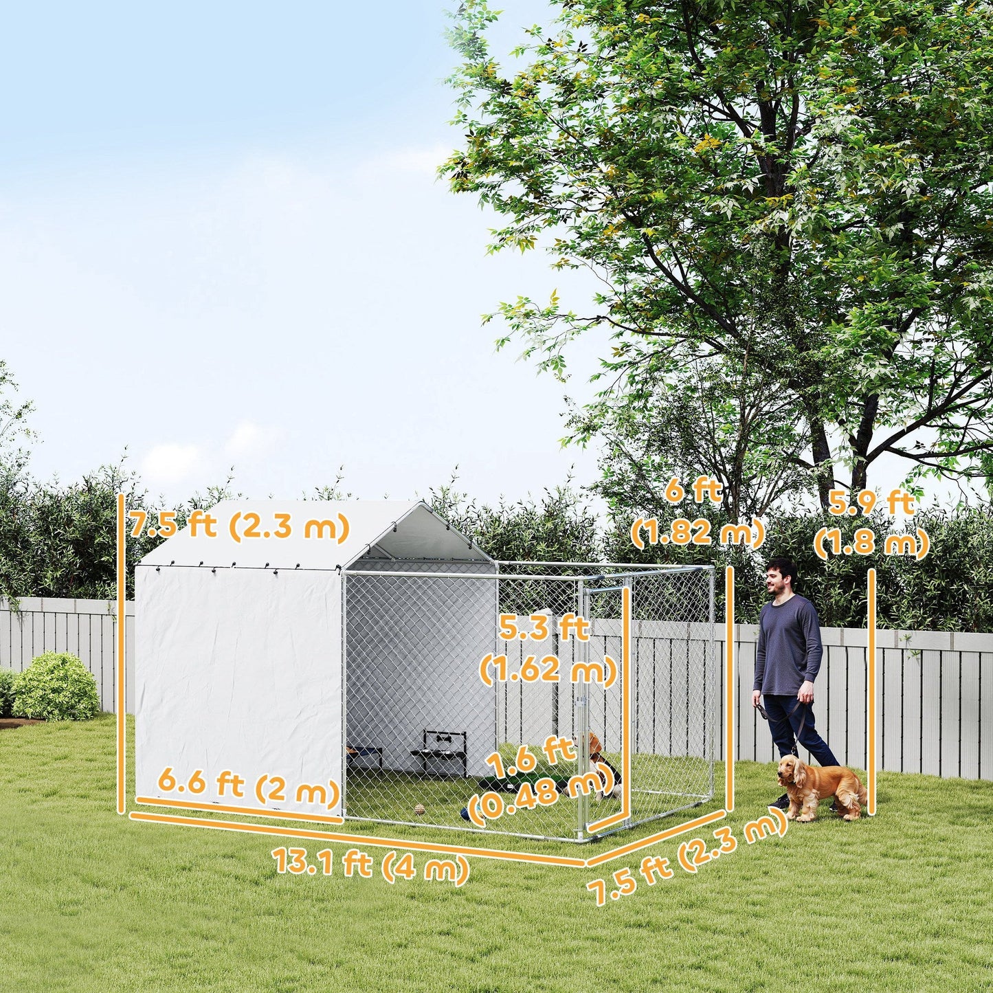 Outdoor Dog Kennel with Waterproof & UV-Resistant Cover, Dog Run with Secure Lock for Small Medium Large Dogs, 13.1' x 7.5' x 7.5'