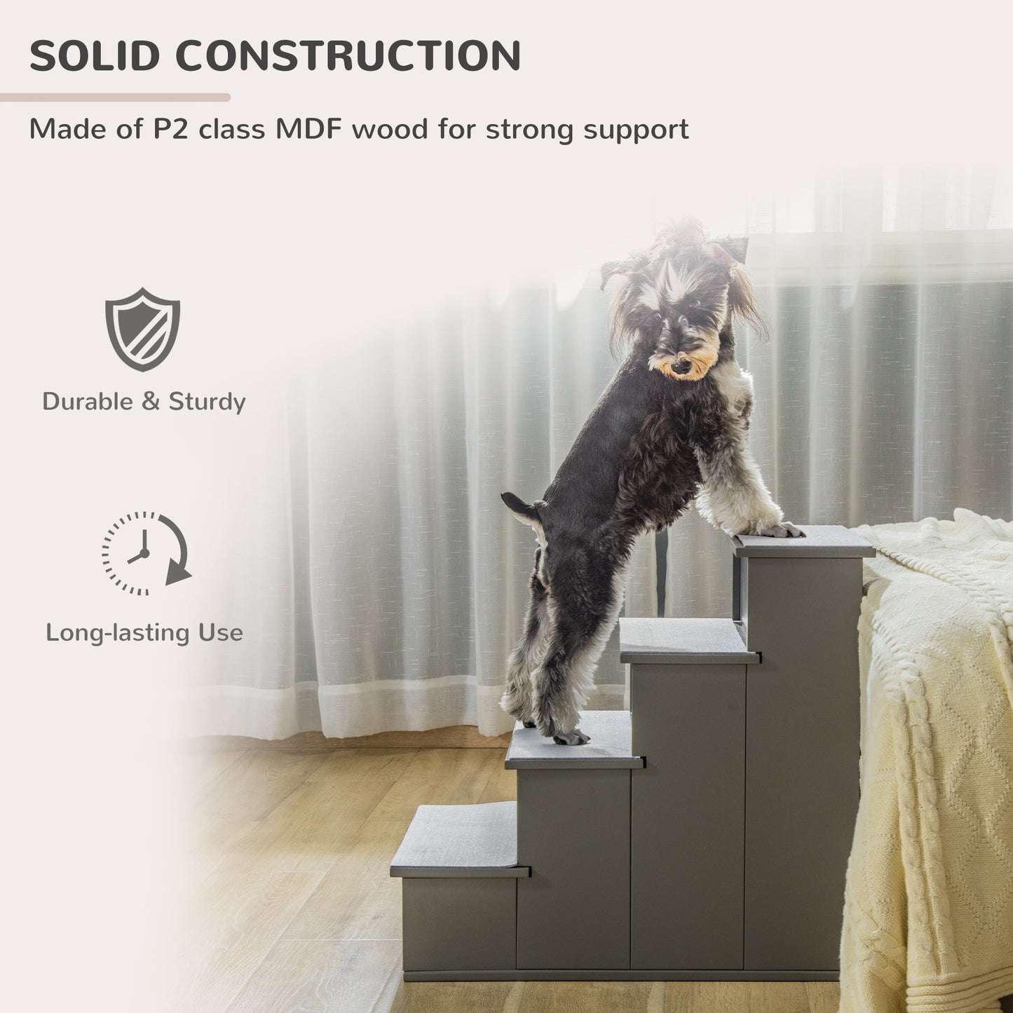 Pet Stairs Dog Steps for High Bed, 4 Levels Dog Stairs for Car, Wooden Cat Ladder with Non-Slip Carpet, 15.7" L x 23.2" W x 21.3" H, Grey