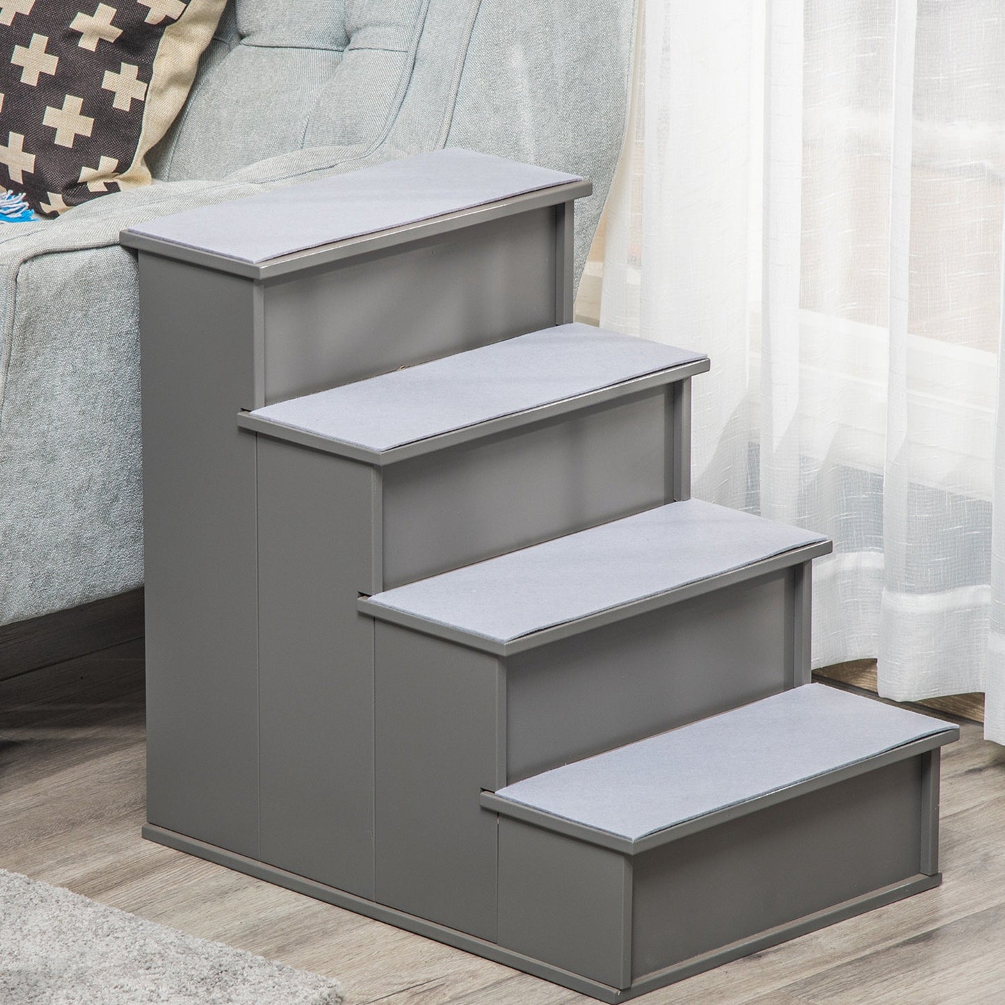 Pet Stairs Dog Steps for High Bed, 4 Levels Dog Stairs for Car, Wooden Cat Ladder with Non-Slip Carpet, 15.7" L x 23.2" W x 21.3" H, Grey