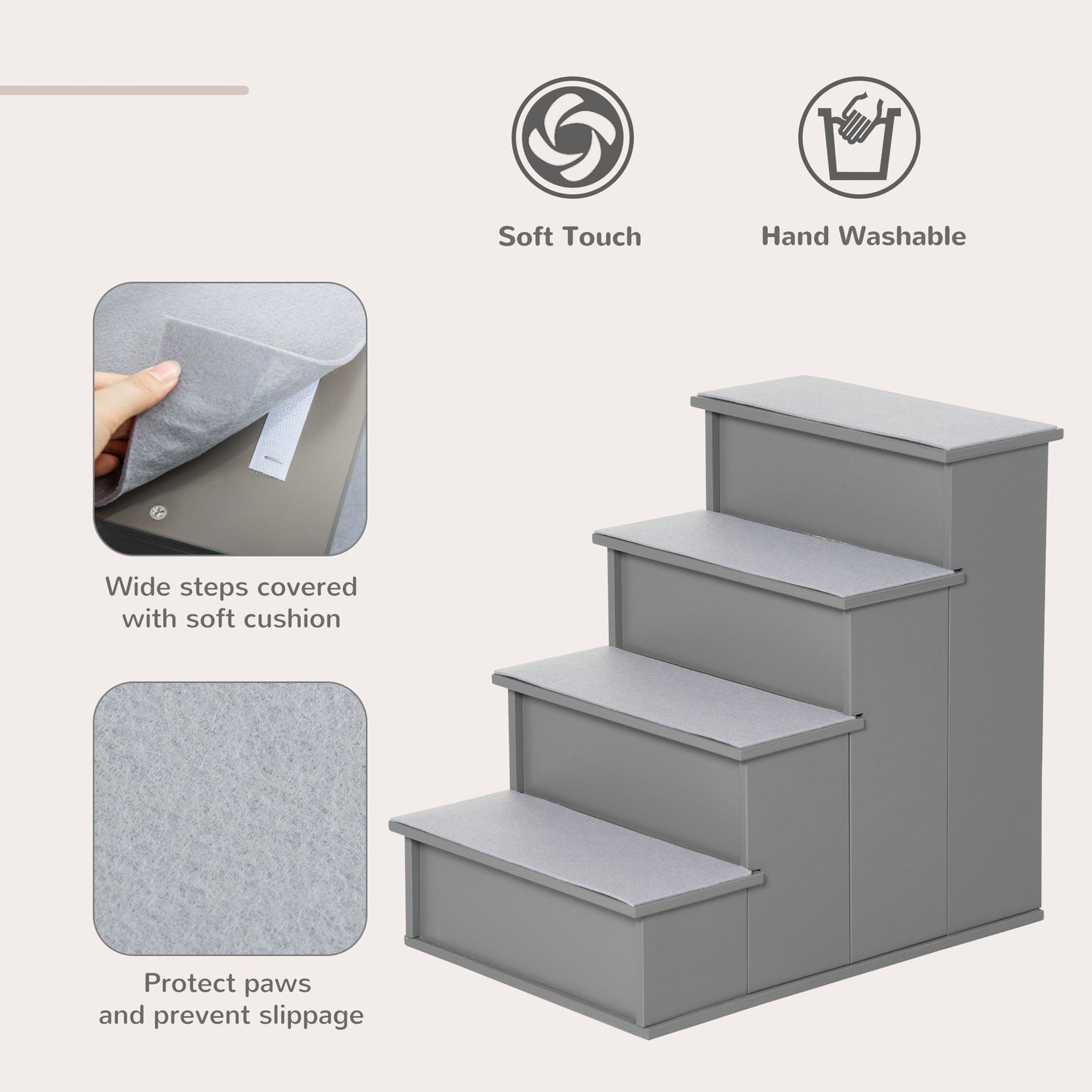 Pet Stairs Dog Steps for High Bed, 4 Levels Dog Stairs for Car, Wooden Cat Ladder with Non-Slip Carpet, 15.7" L x 23.2" W x 21.3" H, Grey