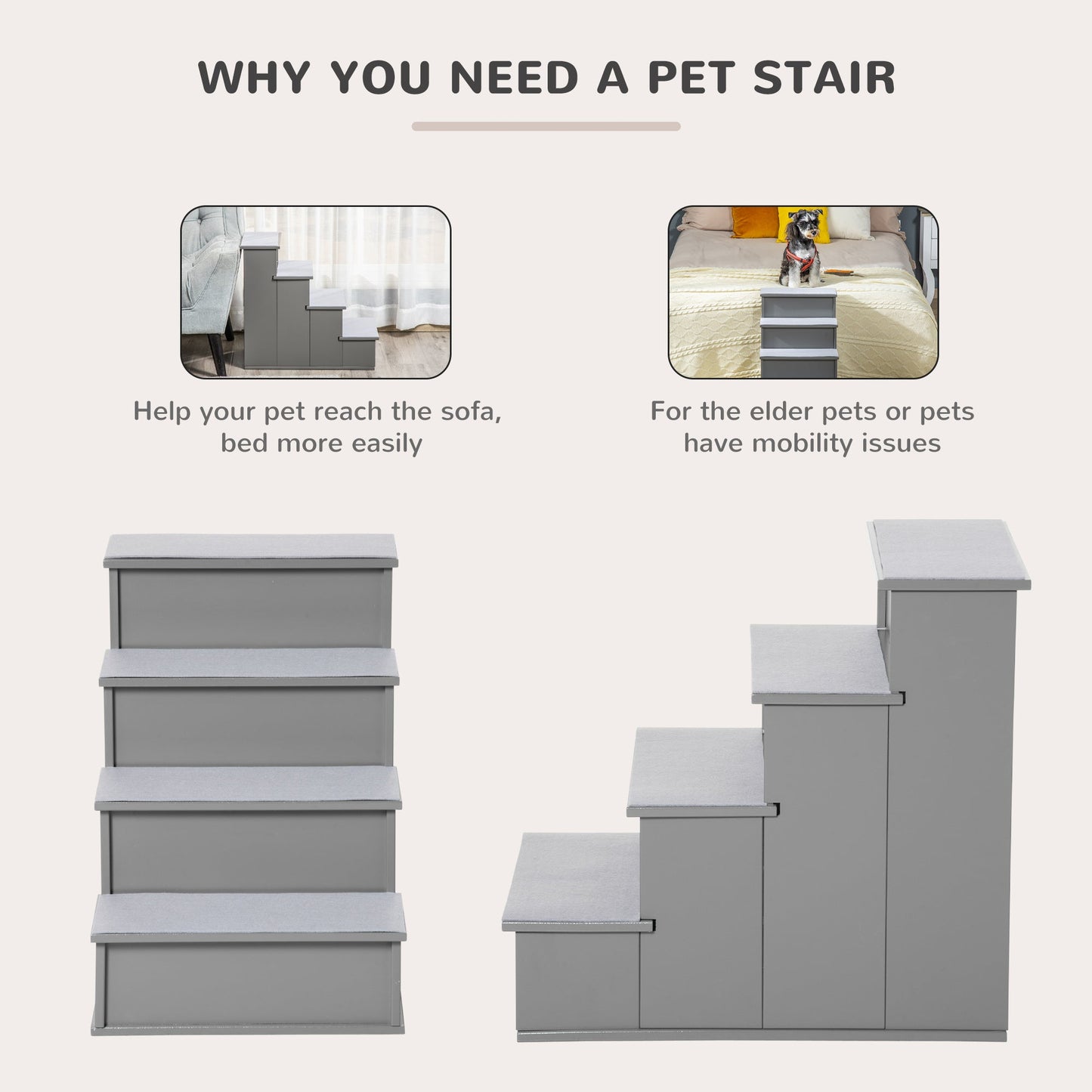 Pet Stairs Dog Steps for High Bed, 4 Levels Dog Stairs for Car, Wooden Cat Ladder with Non-Slip Carpet, 15.7" L x 23.2" W x 21.3" H, Grey