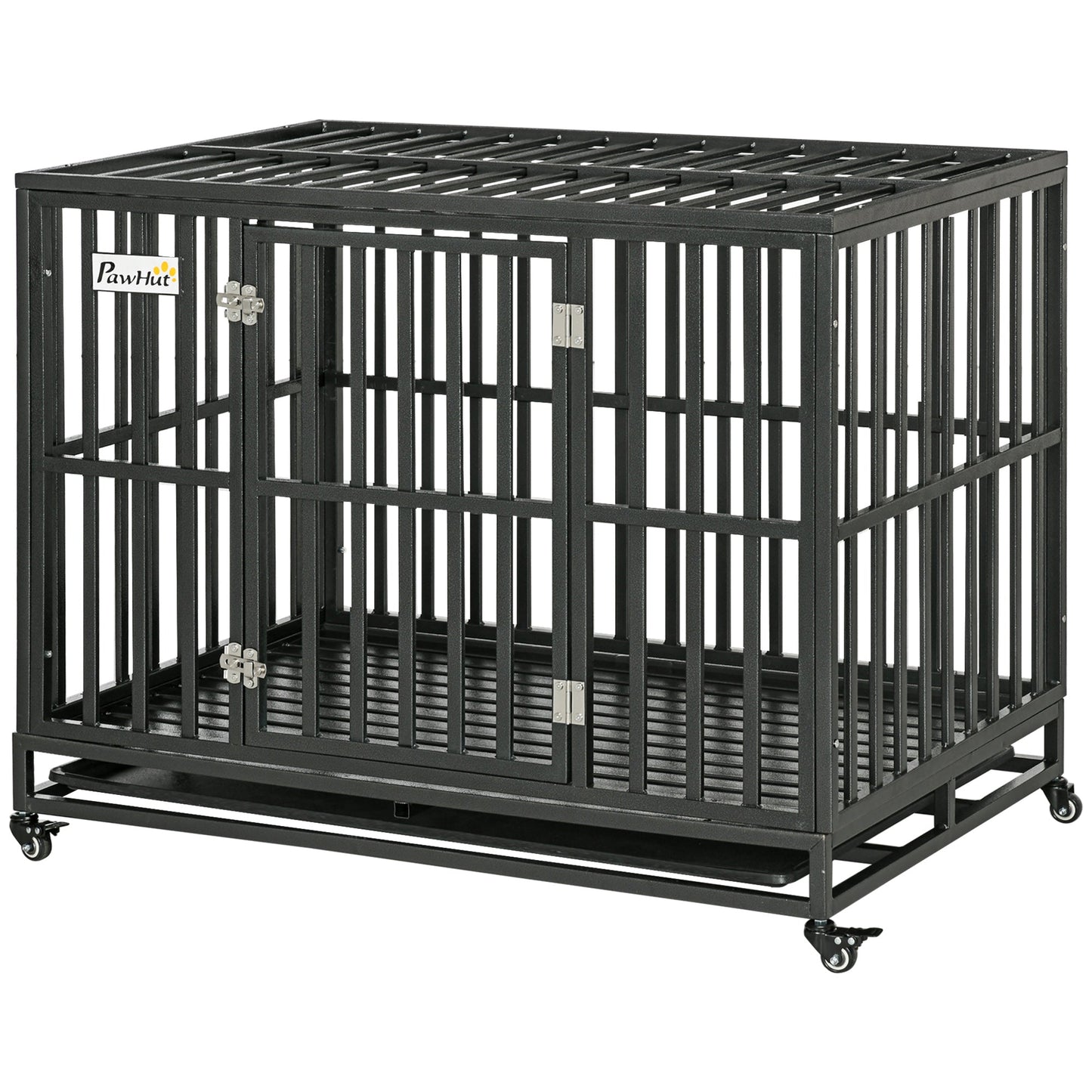 Heavy Duty Steel Dog Crate Kennel Pet Cage with Wheels for Portability and a Door for Convenient Access Anti-Pinching Floor, 43.7" L x 28.7" W x 34.6"H, Black