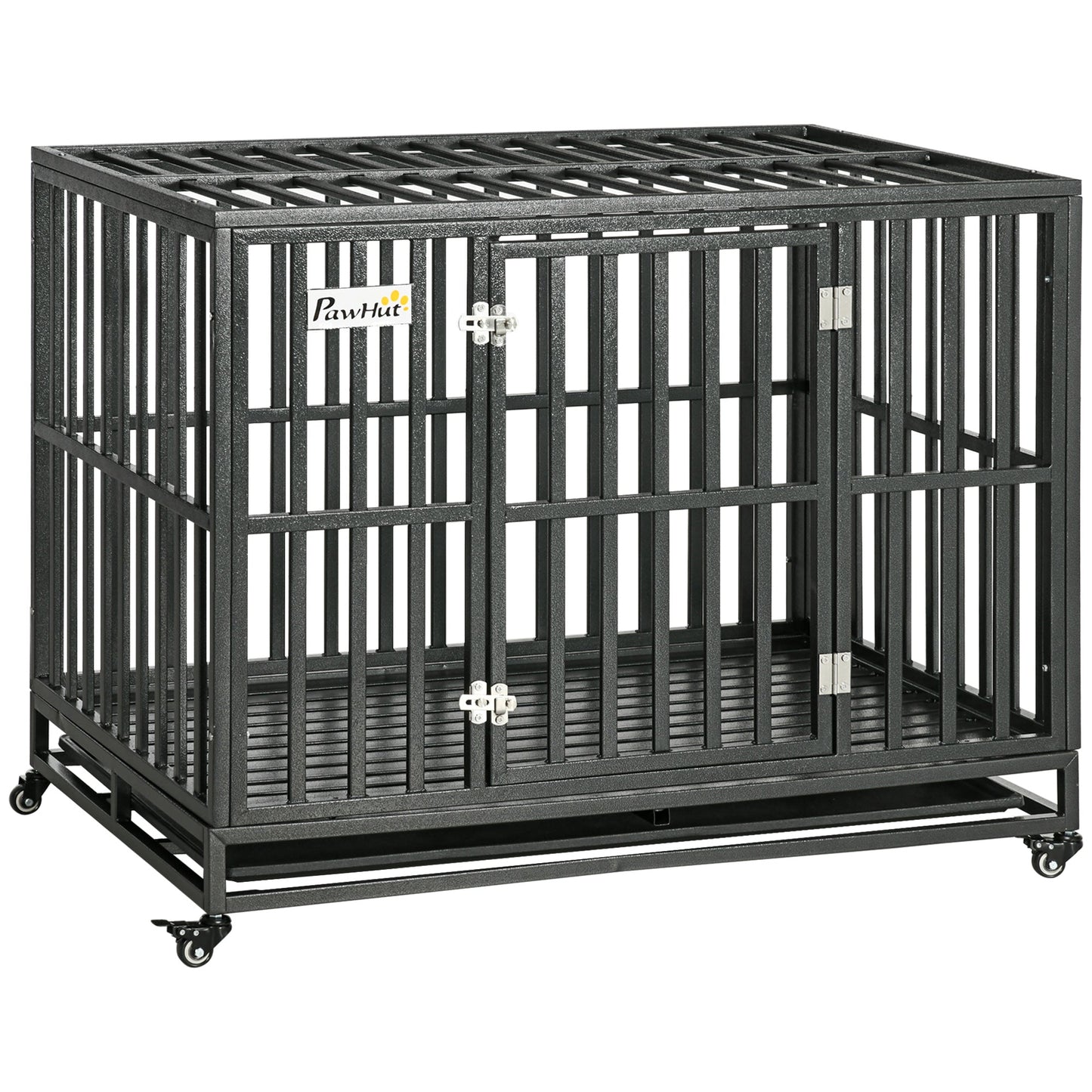 Heavy Duty Steel Dog Crate Kennel Pet Cage with Wheels for Portability and a Door for Convenient Access Anti-Pinching Floor, 43.7" L x 28.7" W x 34.6"H, Black