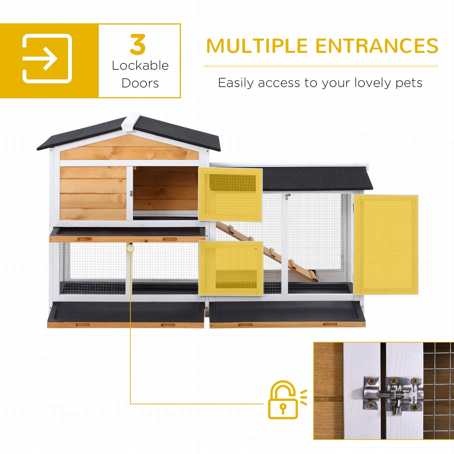 2-tier Wood Rabbit Hutch Backyard Bunny Cage Small Animal House w/ Ramp and Outdoor Run, Yellow