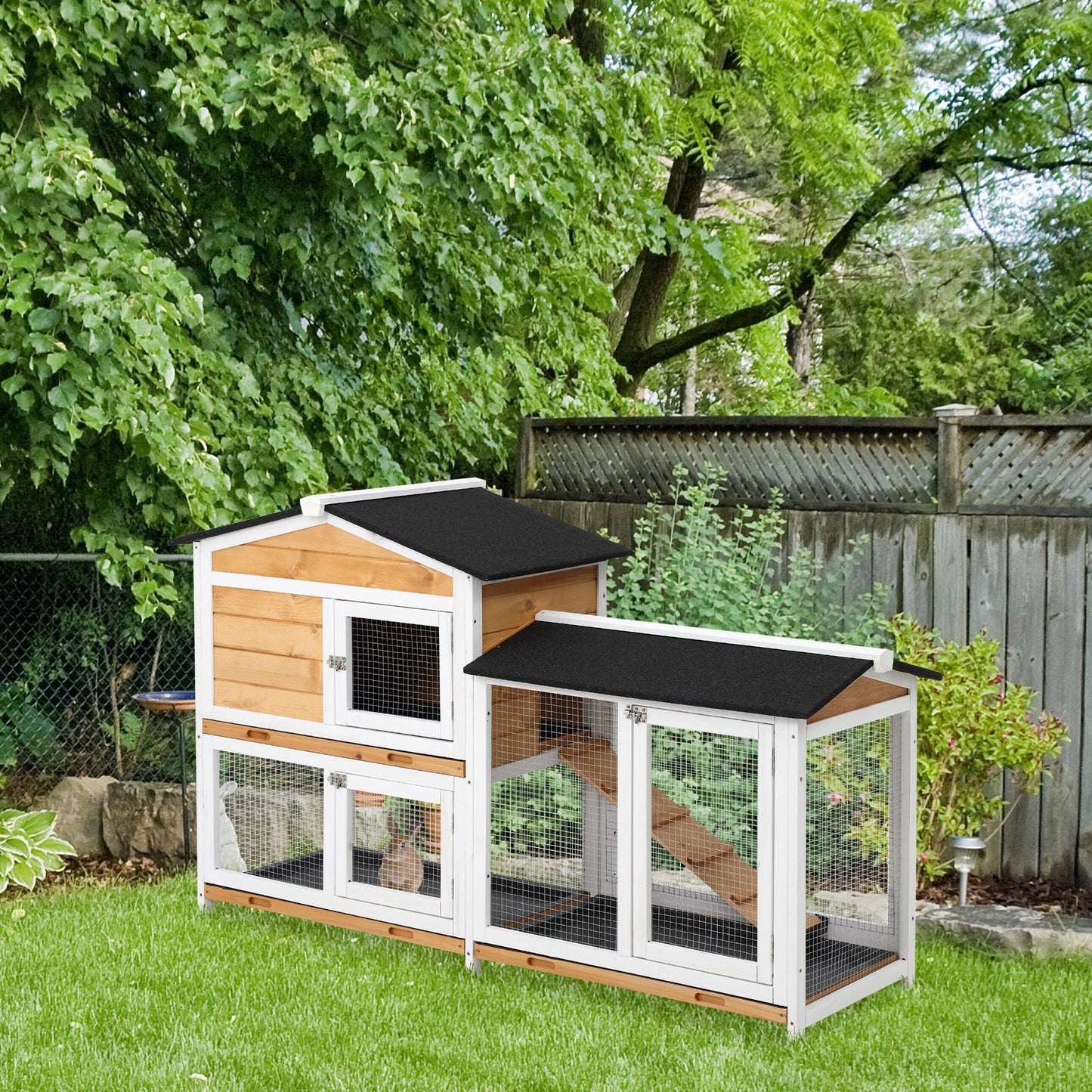 2-tier Wood Rabbit Hutch Backyard Bunny Cage Small Animal House w/ Ramp and Outdoor Run, Yellow