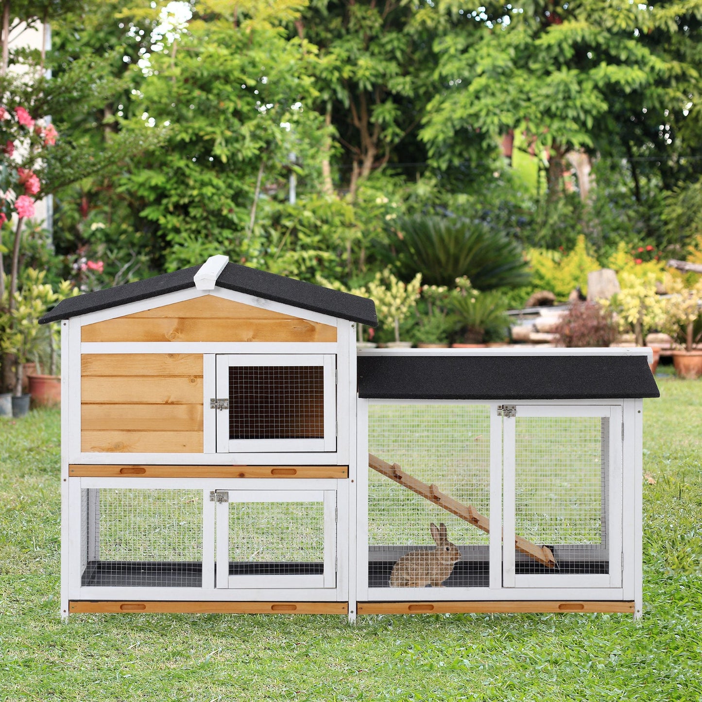 2-tier Wood Rabbit Hutch Backyard Bunny Cage Small Animal House w/ Ramp and Outdoor Run, Yellow