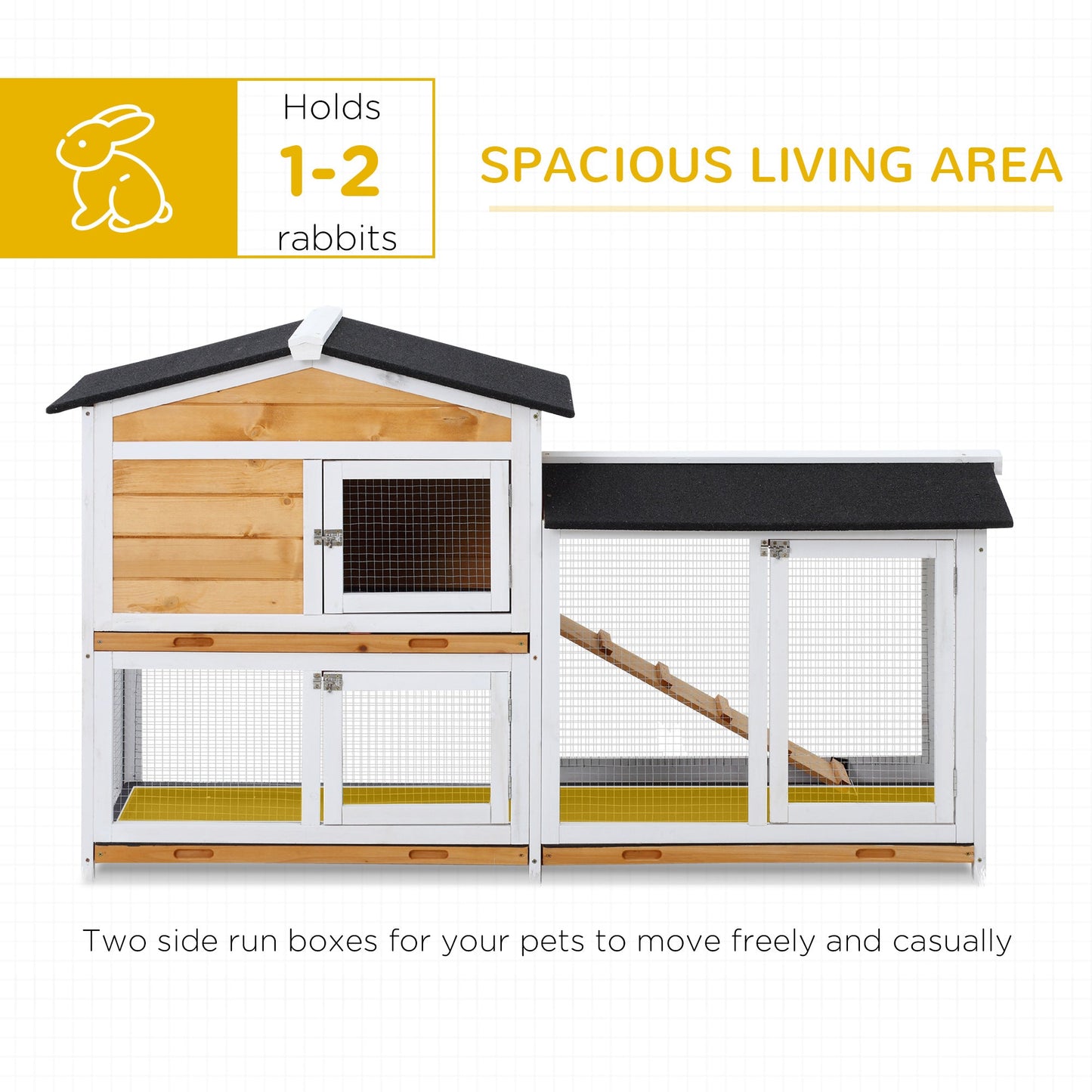2-tier Wood Rabbit Hutch Backyard Bunny Cage Small Animal House w/ Ramp and Outdoor Run, Yellow