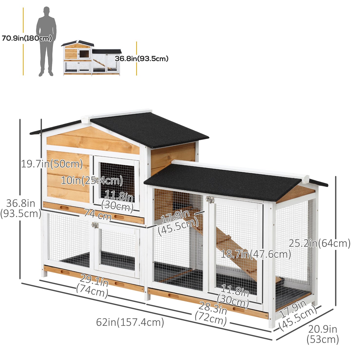 2-tier Wood Rabbit Hutch Backyard Bunny Cage Small Animal House w/ Ramp and Outdoor Run, Yellow