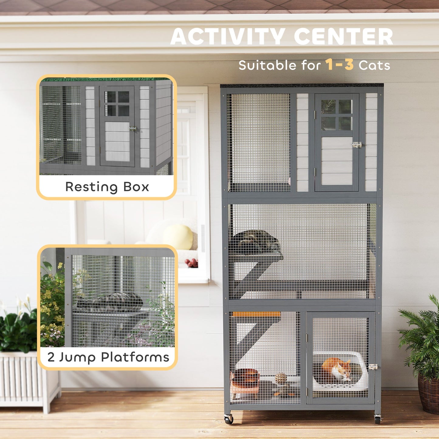 74"H Wooden Catio Cat Enclosure, Indoor Outdoor Kitten House with Weatherproof Asphalt Roof & Brake Wheels, Luxury Kitten Condo Cage for Multiple Cats, Light Grey