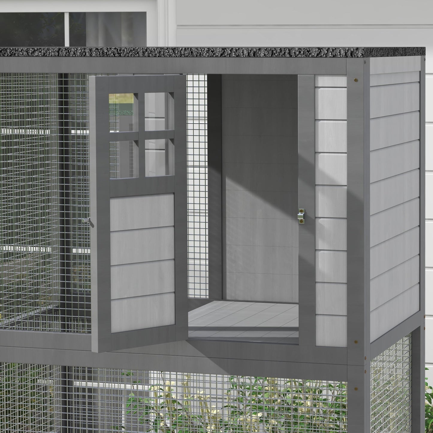 74"H Wooden Catio Cat Enclosure, Indoor Outdoor Kitten House with Weatherproof Asphalt Roof & Brake Wheels, Luxury Kitten Condo Cage for Multiple Cats, Light Grey