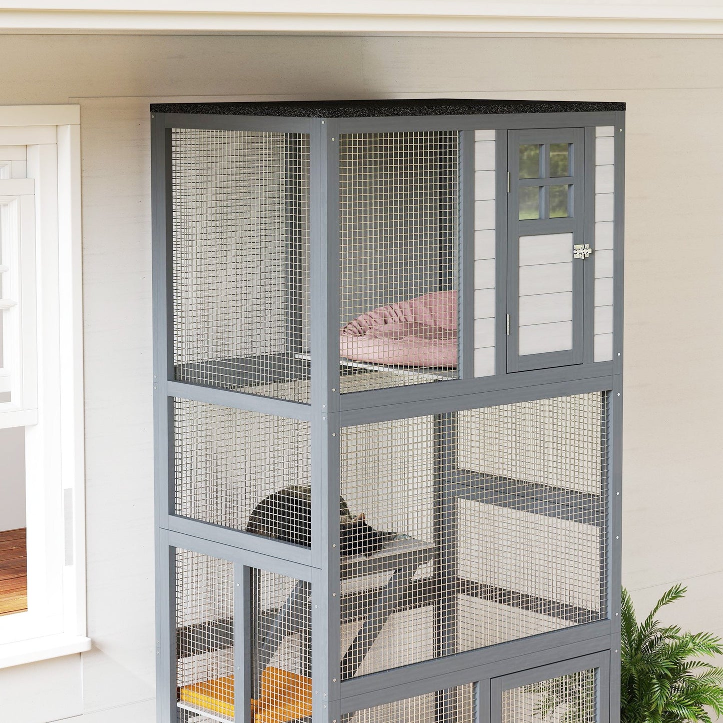 74"H Wooden Catio Cat Enclosure, Indoor Outdoor Kitten House with Weatherproof Asphalt Roof & Brake Wheels, Luxury Kitten Condo Cage for Multiple Cats, Light Grey