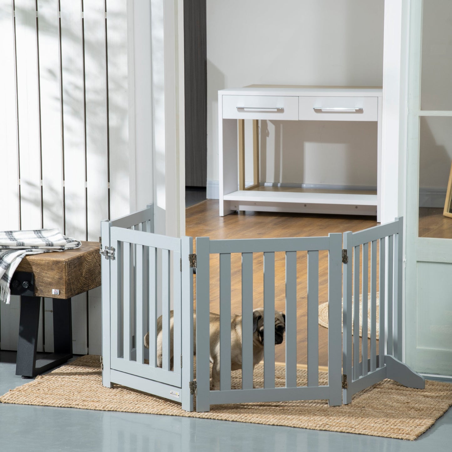 23.5"H Foldable Dog Gate with Door, 4 Panels Freestanding Pet Gate Barriers Indoor with Support Feet, Puppy Fence for Small Dogs, Grey