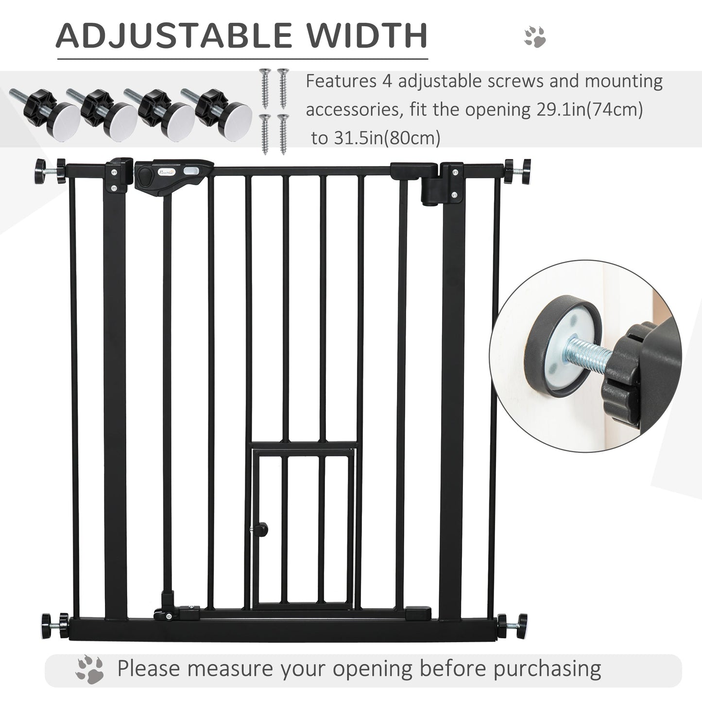 30"H Dog Gate with Cat Door, Pet Gate with Small Door, Easy Open Indoor Dog Gates for Doorways, House, Stair, 29"-32" Long, Black