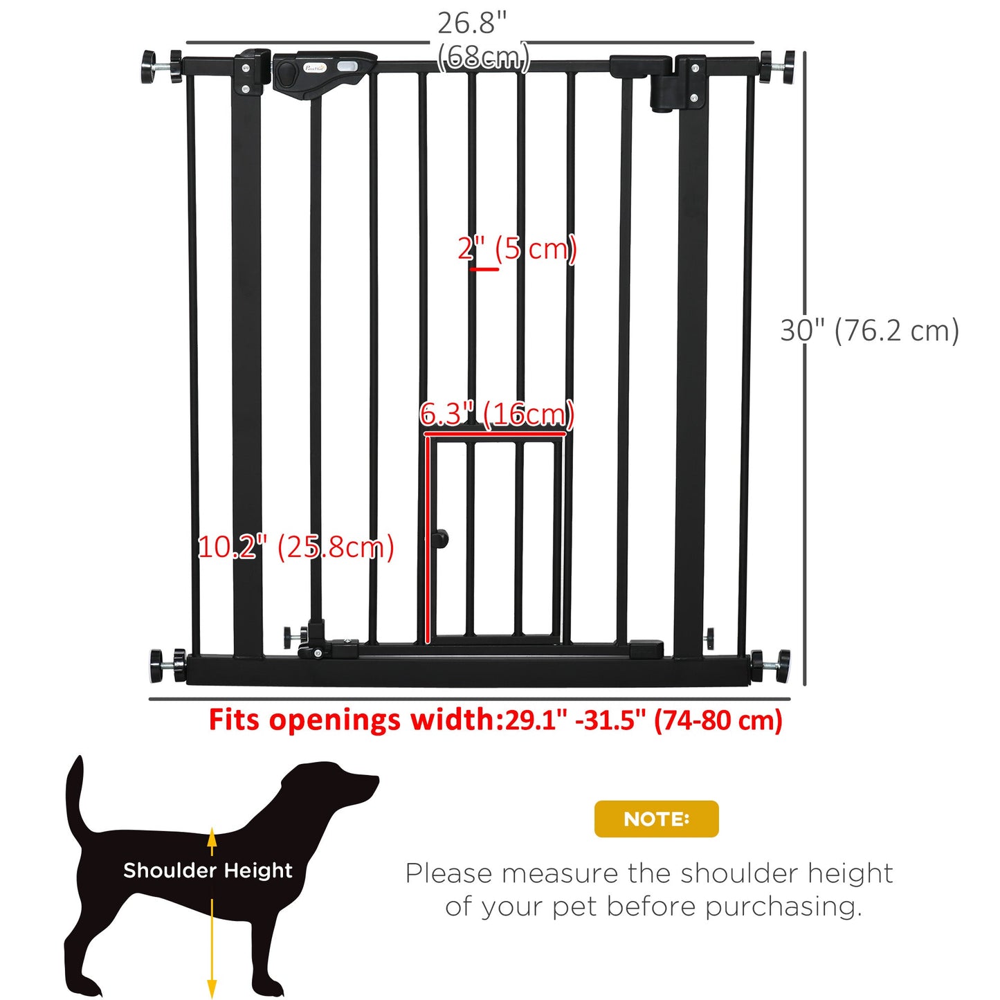 30"H Dog Gate with Cat Door, Pet Gate with Small Door, Easy Open Indoor Dog Gates for Doorways, House, Stair, 29"-32" Long, Black