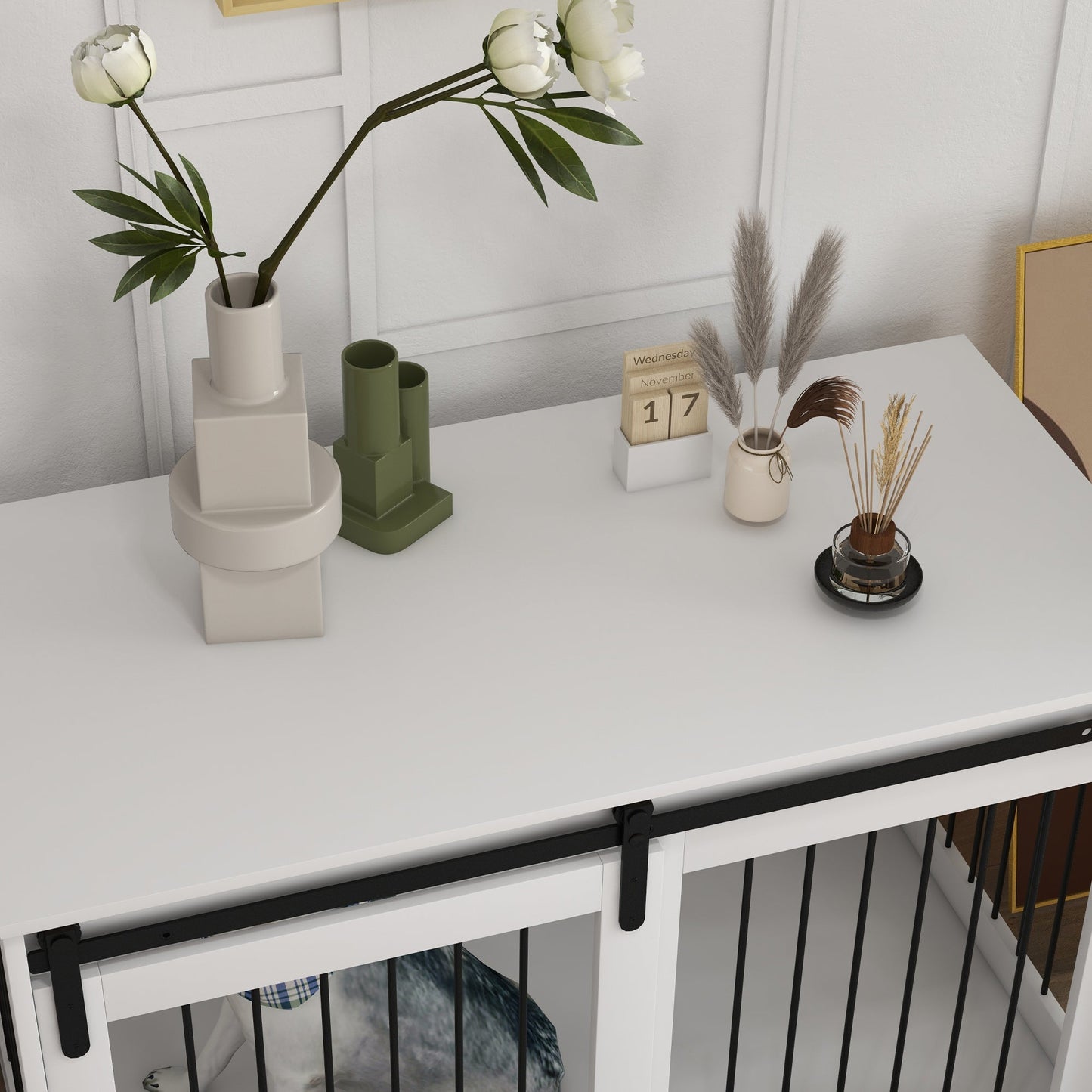 Dog Crate Furniture, 46.5" Dog Crate End Table Indoor Dog House for Extra Large Dogs, with Sliding Door, Lock, White