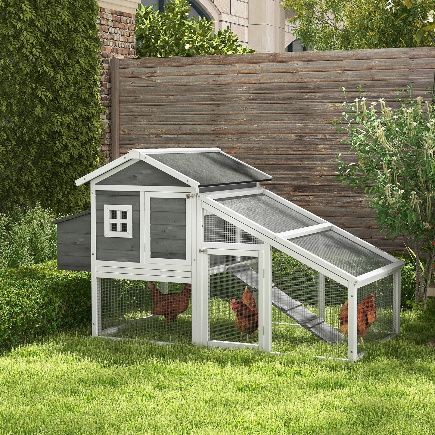 69" Chicken Coop Wooden Hen House Rabbit Hutch Poultry Cage Pen Outdoor Backyard with Outdoor Run Nesting Box Removable Tray Waterproof Asphalt Roof Lockable Door Grey