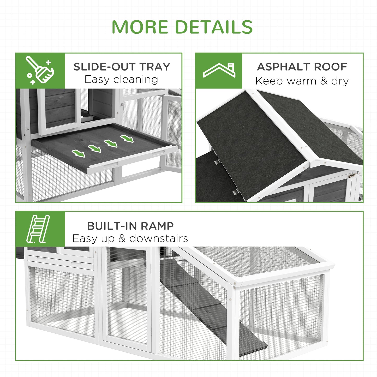 69" Chicken Coop Wooden Hen House Rabbit Hutch Poultry Cage Pen Outdoor Backyard with Outdoor Run Nesting Box Removable Tray Waterproof Asphalt Roof Lockable Door Grey