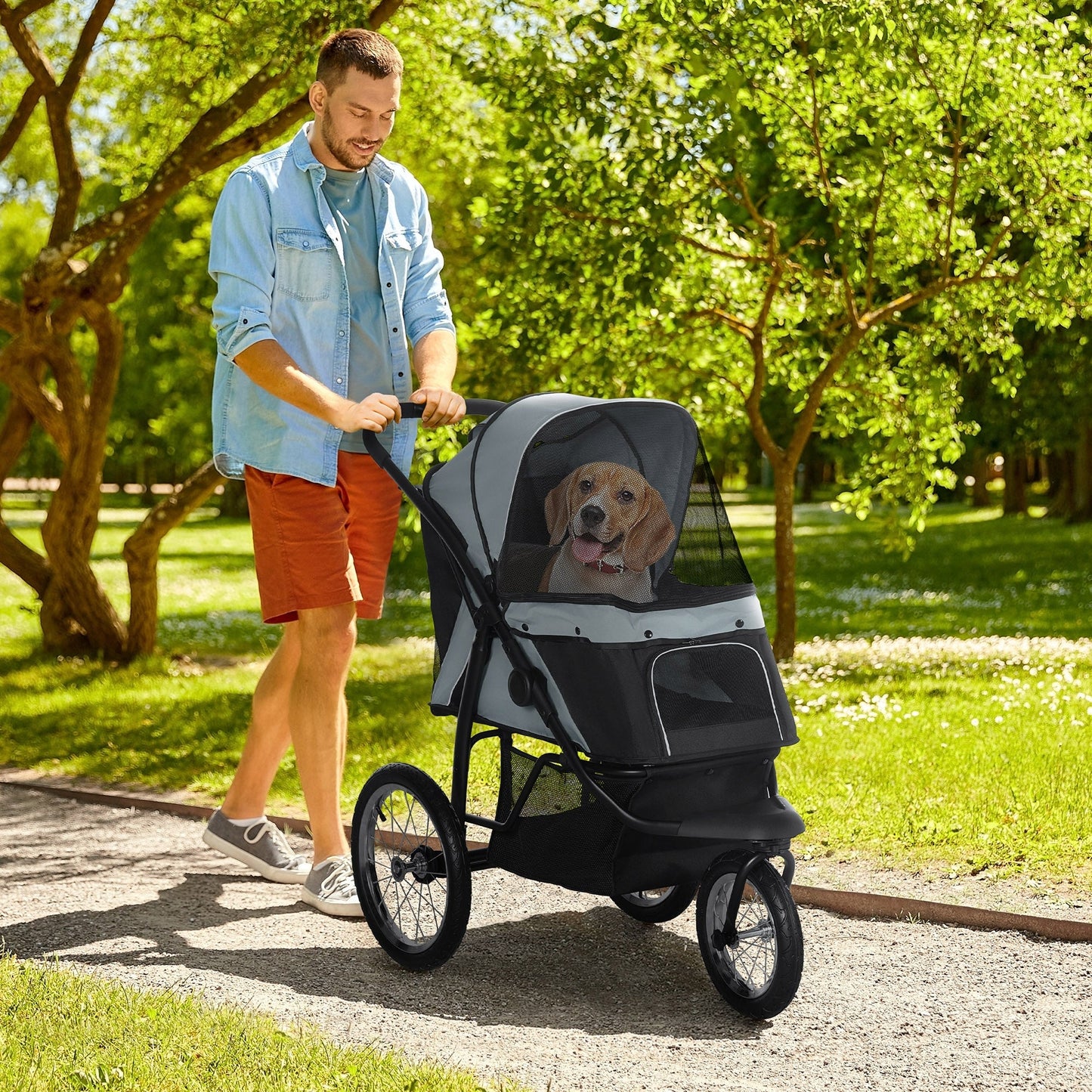 Pet Stroller for Small and Medium Dogs, 3 Big Wheels Cat Stroller Travel Folding Carrier with Adjustable Canopy, Safety Tether, Storage Basket, Black