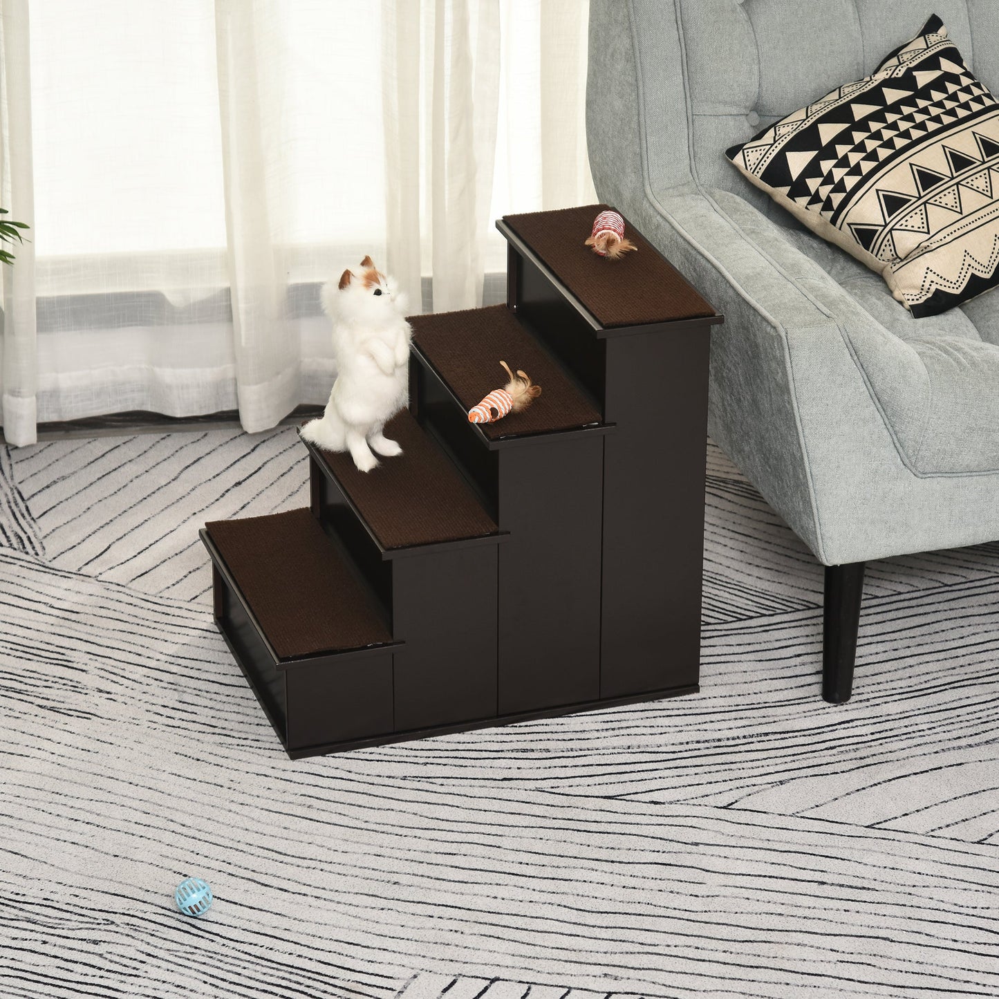 Pet Stairs Dog Steps for High Bed, 4 Levels Dog Stairs for Car, Wooden Cat Ladder with Non-Slip Carpet, 15.7" L x 23.2" W x 21.3" H, Dark Coffee