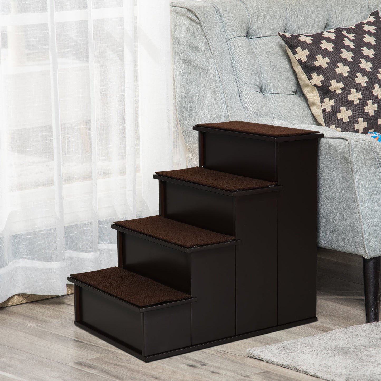 Pet Stairs Dog Steps for High Bed, 4 Levels Dog Stairs for Car, Wooden Cat Ladder with Non-Slip Carpet, 15.7" L x 23.2" W x 21.3" H, Dark Coffee