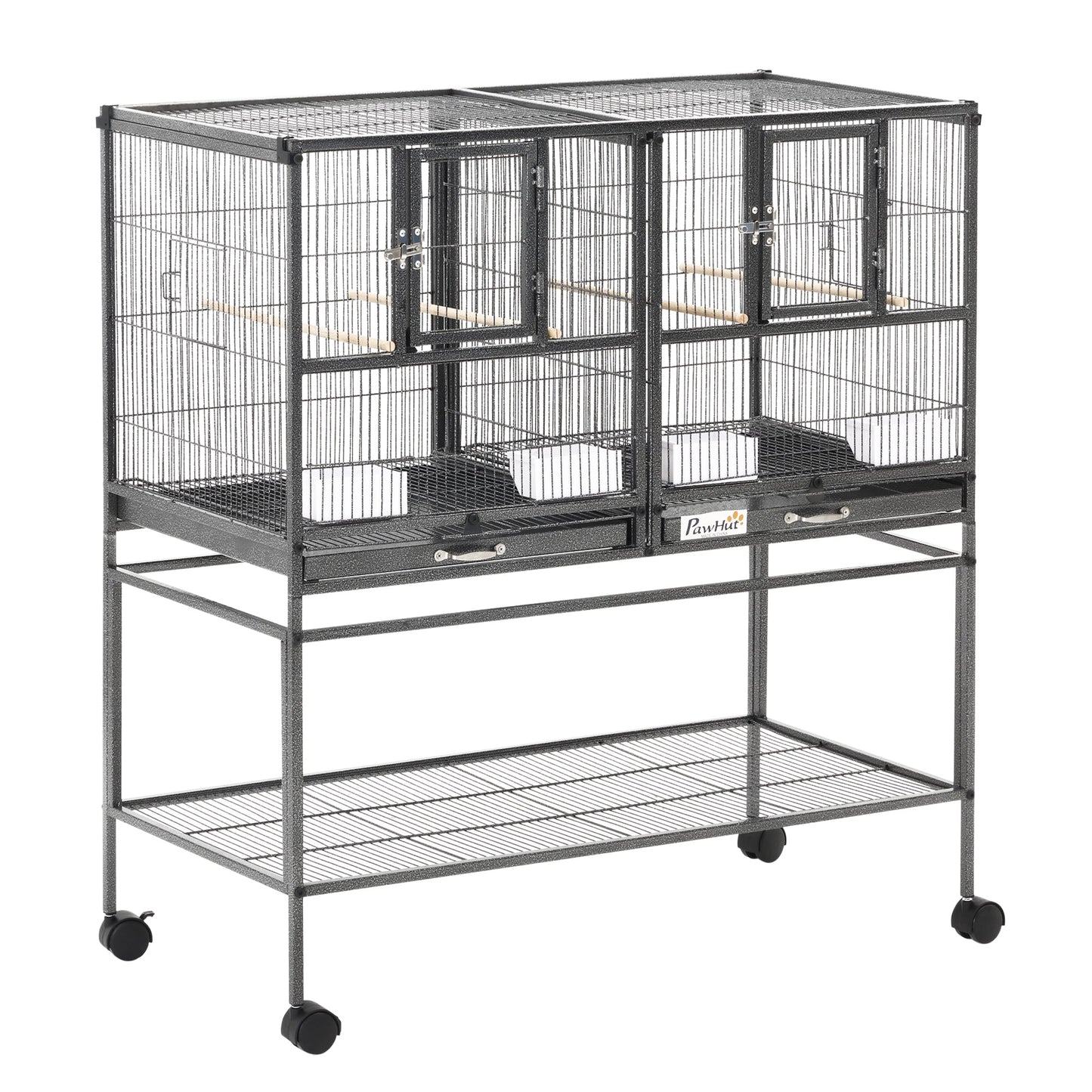 40"H Divided Breeder Bird Cage with Rolling Stand Removable Metal Tray, Storage Shelf, Wood Perch, and Food Container, Dark Grey