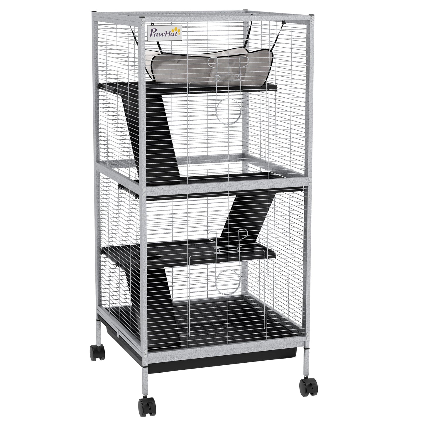 4-Tier Rolling Small Animal Cage, Deluxe Guinea Pig Cage, Ferret Cage for Mink Chinchilla Kitten Rabbit, Small Pet Play House with Hammock Platform, Ramp, Removable Tray, Light Grey