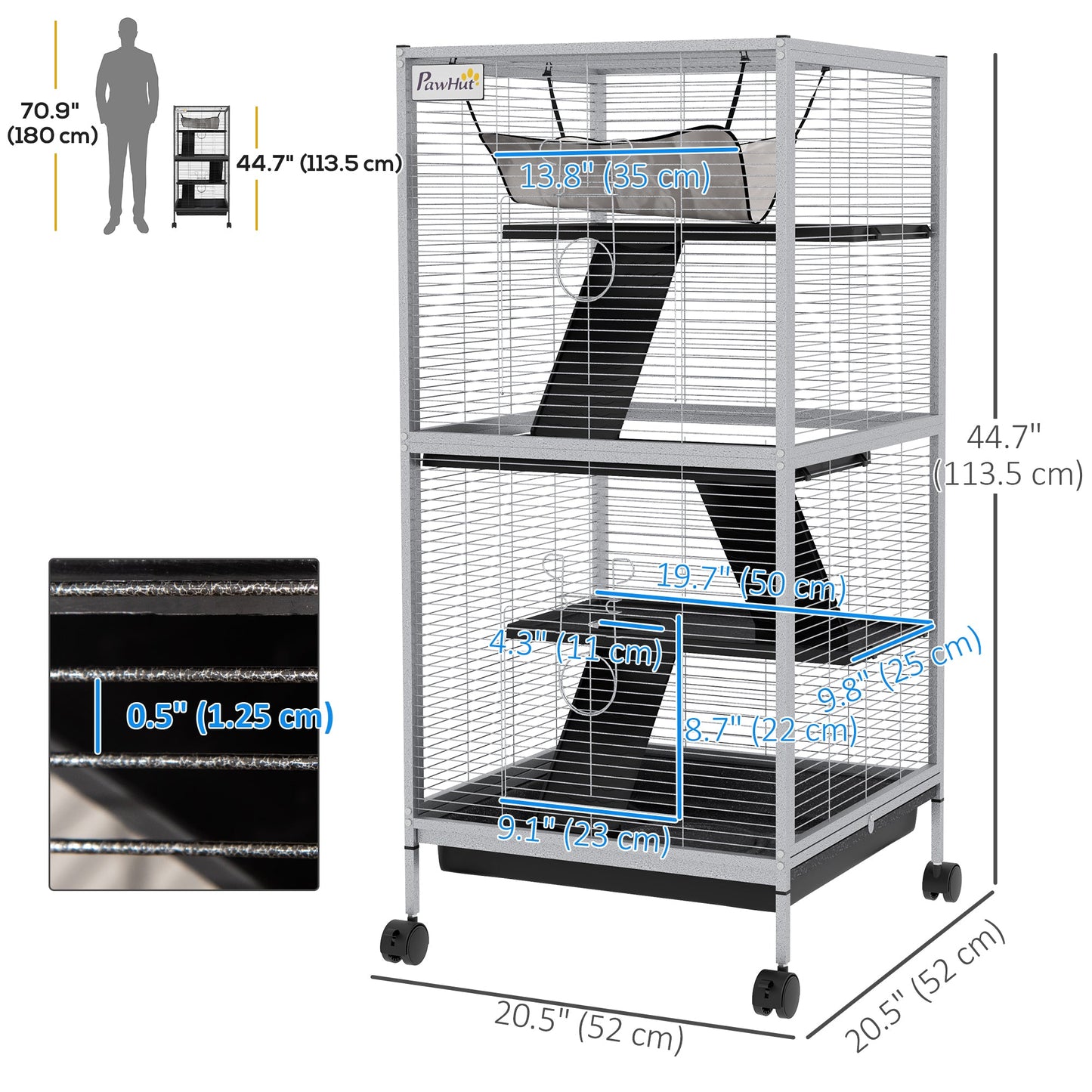 4-Tier Rolling Small Animal Cage, Deluxe Guinea Pig Cage, Ferret Cage for Mink Chinchilla Kitten Rabbit, Small Pet Play House with Hammock Platform, Ramp, Removable Tray, Light Grey