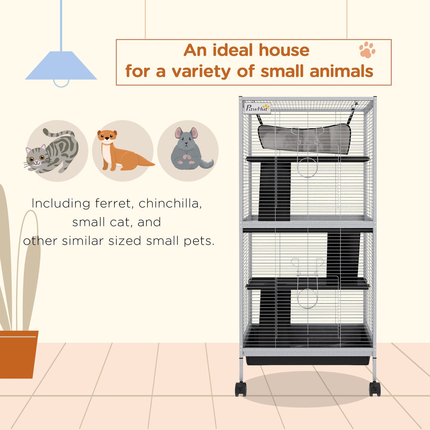 4-Tier Rolling Small Animal Cage, Deluxe Guinea Pig Cage, Ferret Cage for Mink Chinchilla Kitten Rabbit, Small Pet Play House with Hammock Platform, Ramp, Removable Tray, Light Grey
