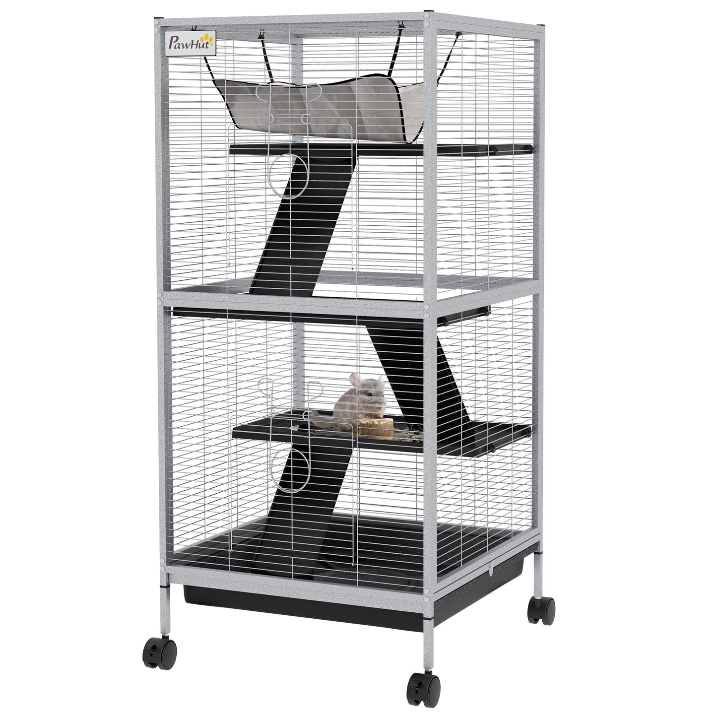 4-Tier Rolling Small Animal Cage, Deluxe Guinea Pig Cage, Ferret Cage for Mink Chinchilla Kitten Rabbit, Small Pet Play House with Hammock Platform, Ramp, Removable Tray, Light Grey