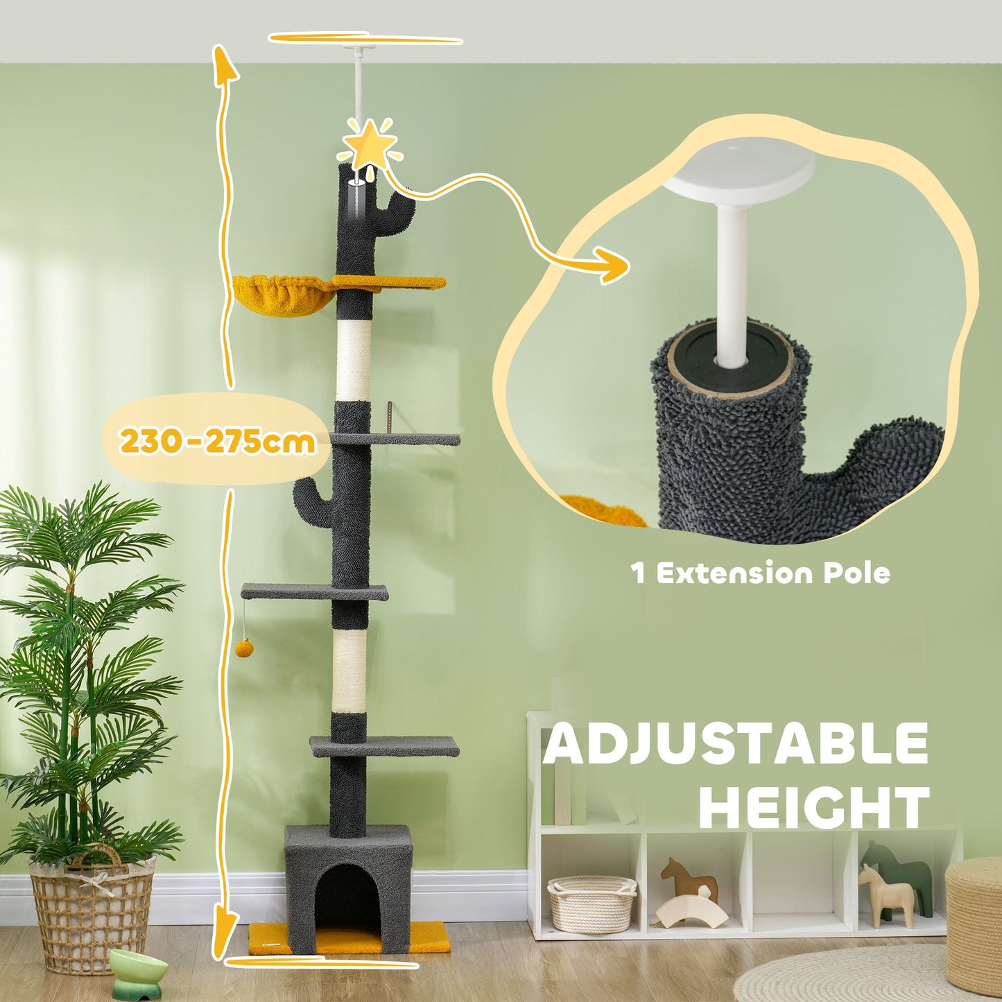 Floor to Ceiling Cat Tree, Cat Tower with 90.5"-108" Adjustable Height, 5 Tier Activity Centre with Scratching Posts, Hammock, Condo, Toy Ball for Indoor Cats, Dark Grey