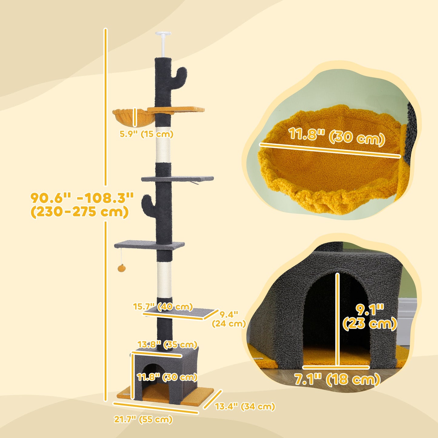 Floor to Ceiling Cat Tree, Cat Tower with 90.5"-108" Adjustable Height, 5 Tier Activity Centre with Scratching Posts, Hammock, Condo, Toy Ball for Indoor Cats, Dark Grey