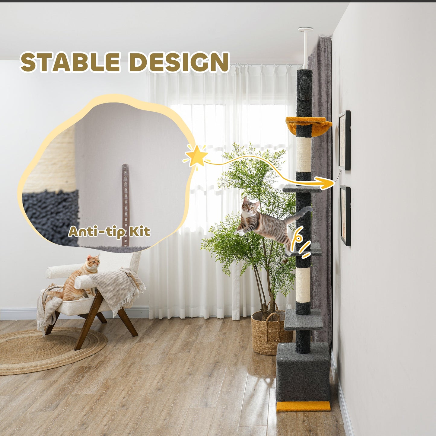Floor to Ceiling Cat Tree, Cat Tower with 90.5"-108" Adjustable Height, 5 Tier Activity Centre with Scratching Posts, Hammock, Condo, Toy Ball for Indoor Cats, Dark Grey