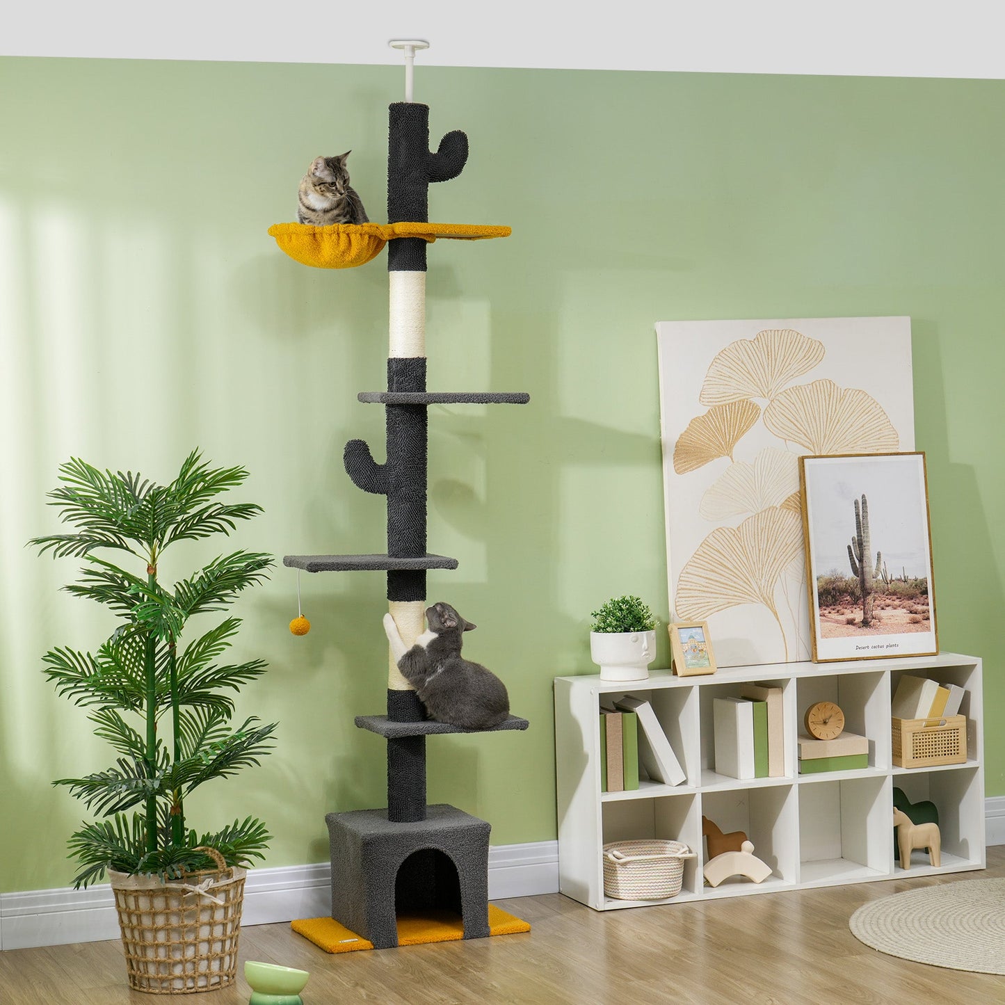 Floor to Ceiling Cat Tree, Cat Tower with 90.5"-108" Adjustable Height, 5 Tier Activity Centre with Scratching Posts, Hammock, Condo, Toy Ball for Indoor Cats, Dark Grey