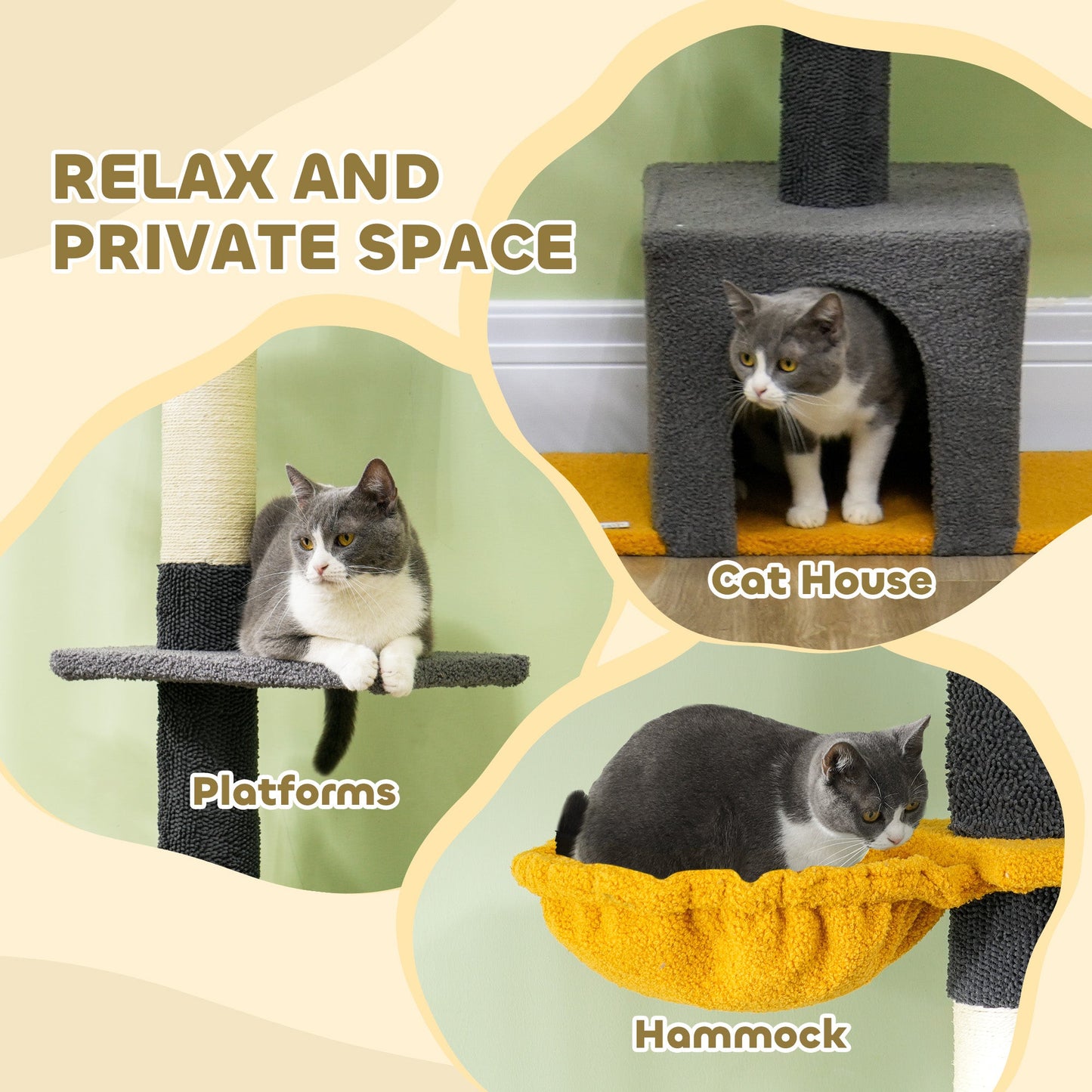 Floor to Ceiling Cat Tree, Cat Tower with 90.5"-108" Adjustable Height, 5 Tier Activity Centre with Scratching Posts, Hammock, Condo, Toy Ball for Indoor Cats, Dark Grey