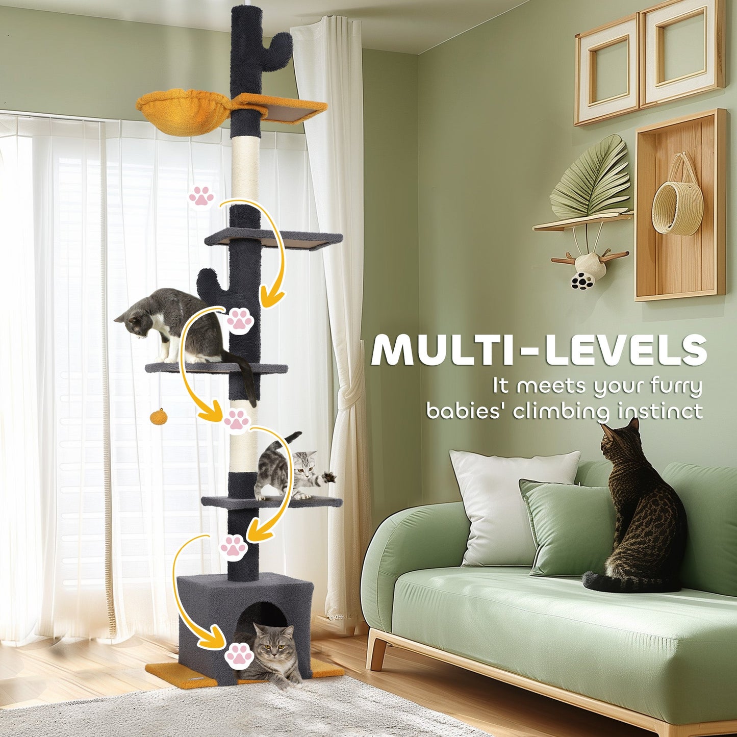 Floor to Ceiling Cat Tree, Cat Tower with 90.5"-108" Adjustable Height, 5 Tier Activity Centre with Scratching Posts, Hammock, Condo, Toy Ball for Indoor Cats, Dark Grey