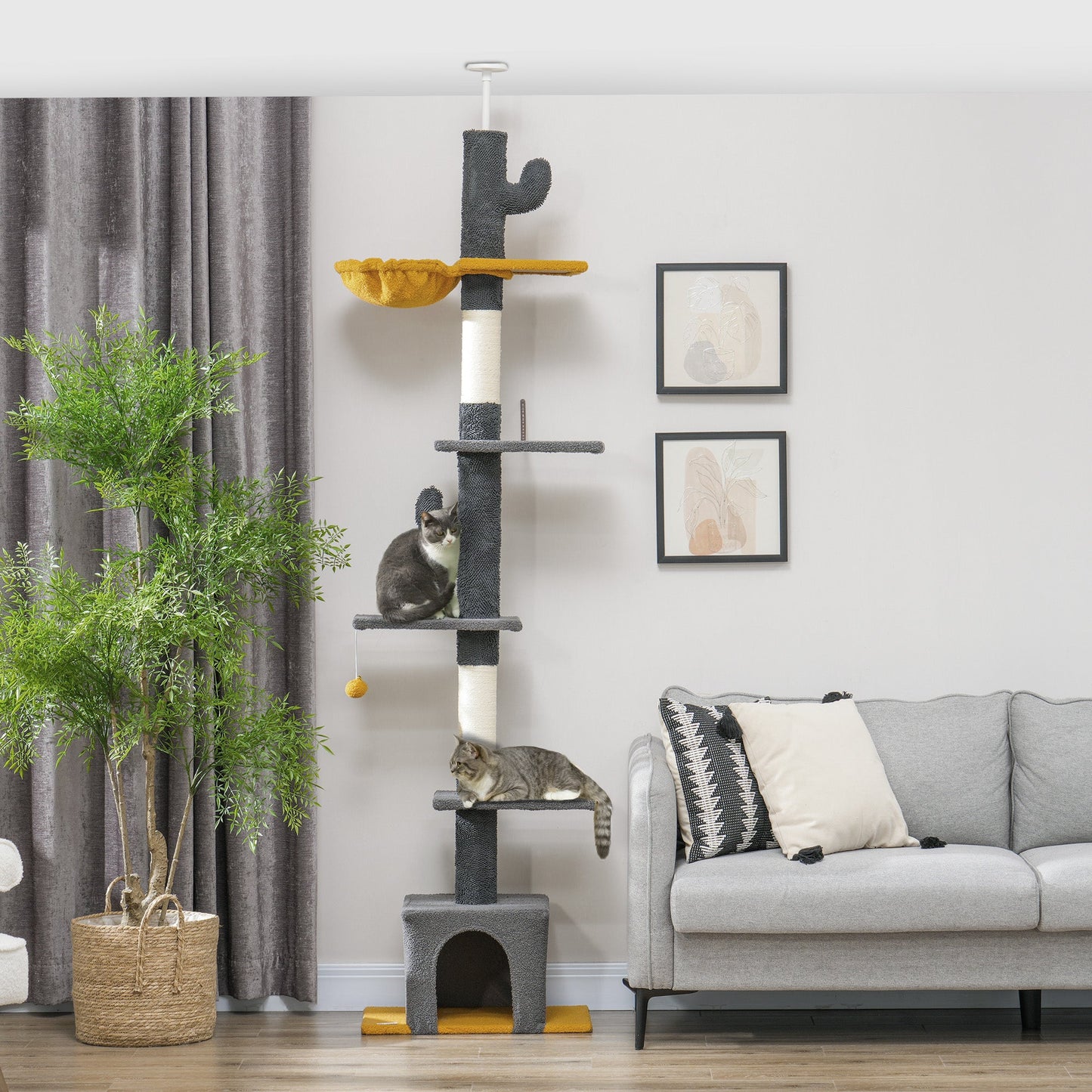 Floor to Ceiling Cat Tree, Cat Tower with 90.5"-108" Adjustable Height, 5 Tier Activity Centre with Scratching Posts, Hammock, Condo, Toy Ball for Indoor Cats, Dark Grey